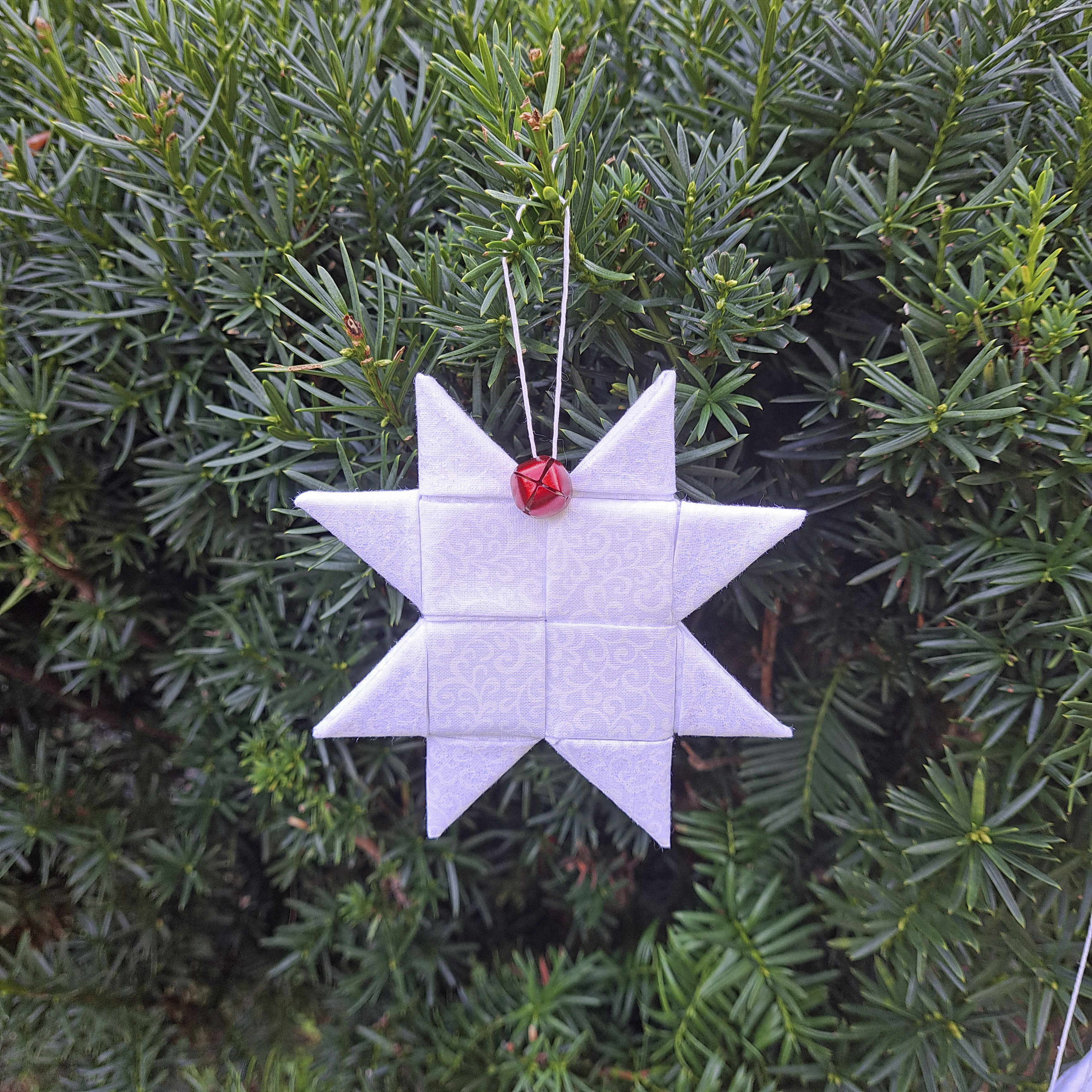 Handmade Fabric Scandinavian Star Ornament - White and White with Red Bell