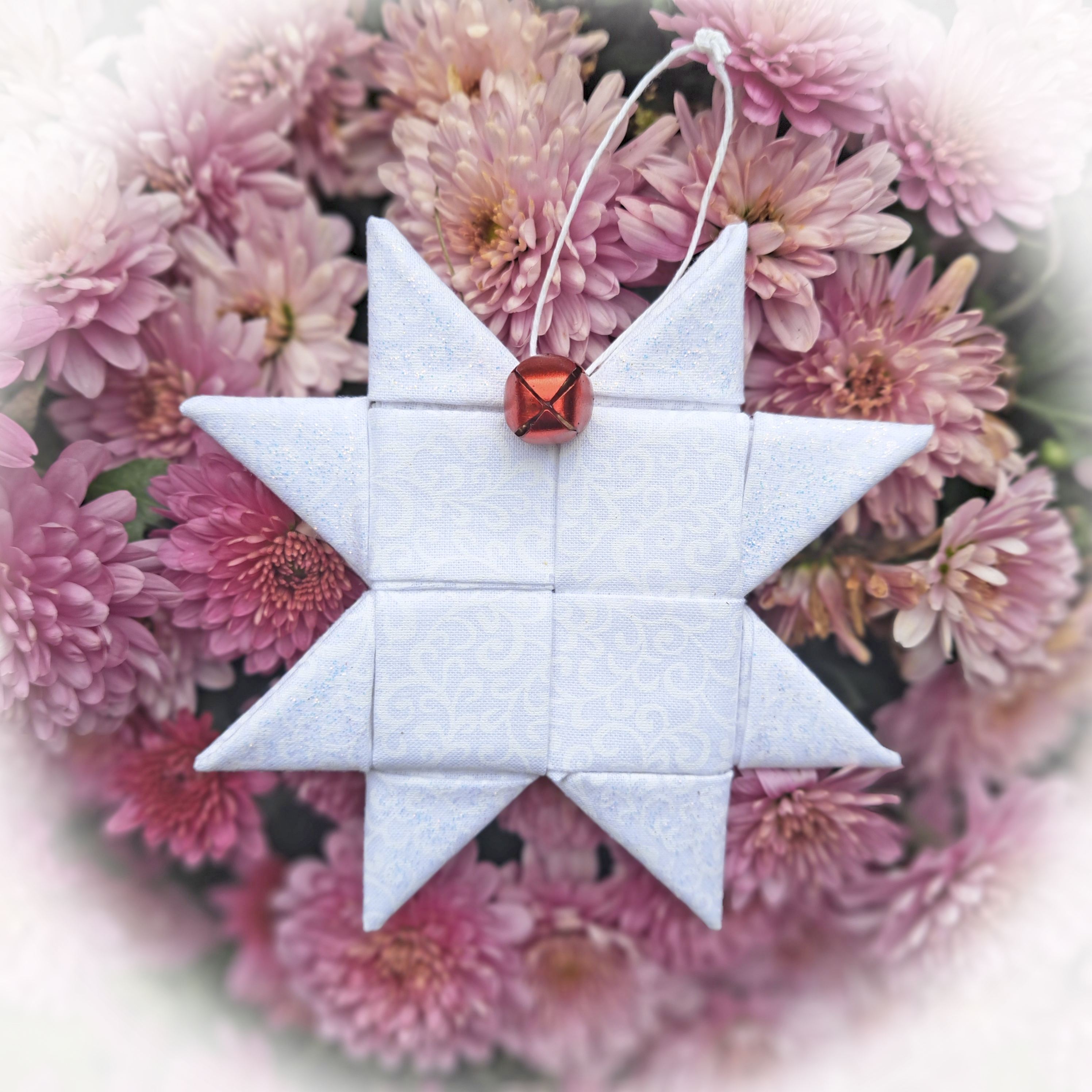 Handmade Fabric Scandinavian Star Ornament - White and White with Red Bell
