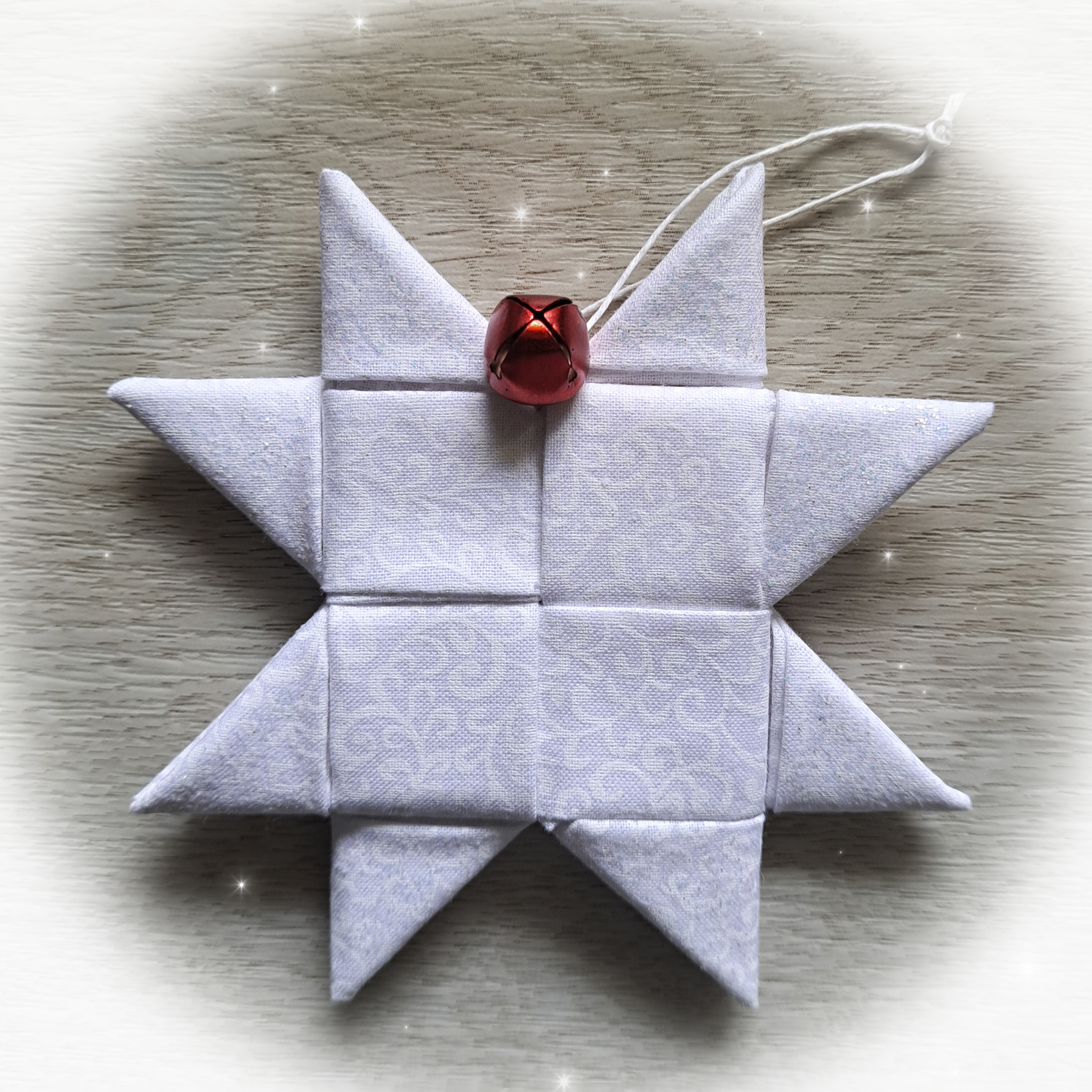 Handmade Fabric Scandinavian Star Ornament - White and White with Red Bell