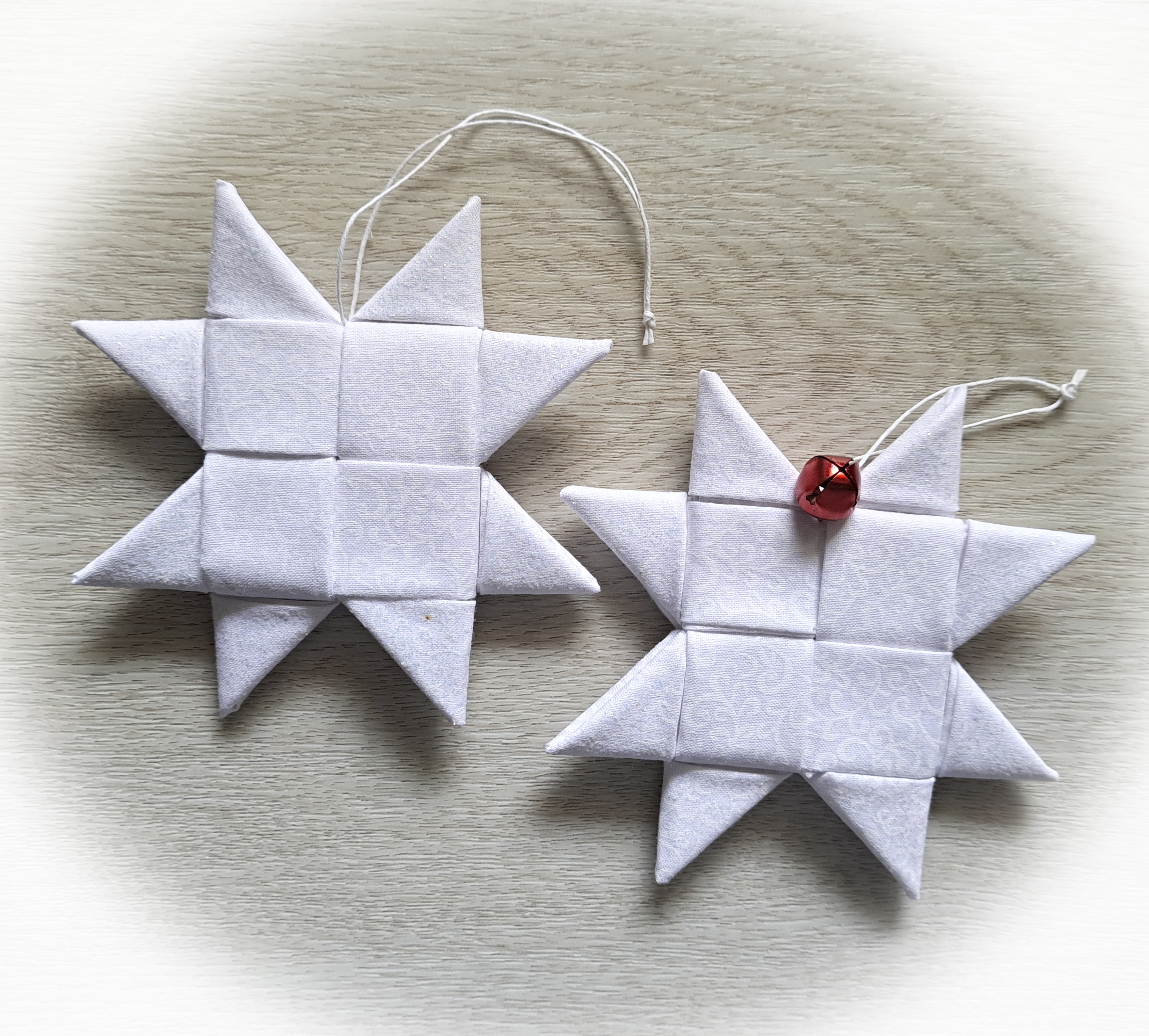 Handmade Fabric Scandinavian Star Ornament - White and White with Red Bell