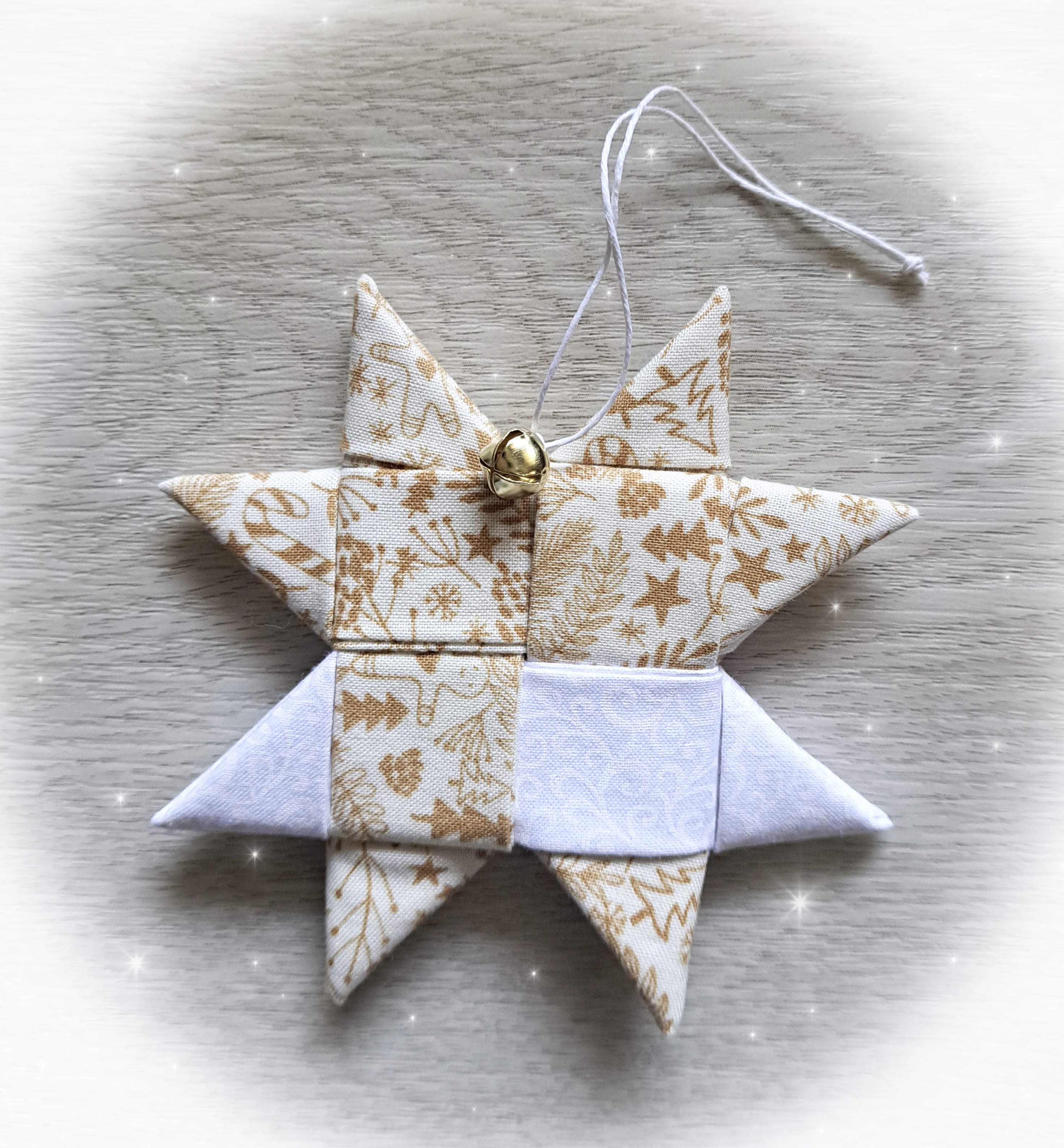 Handmade Scandinavian Fabric Star Ornaments in Gingerbread and White Fabrics
