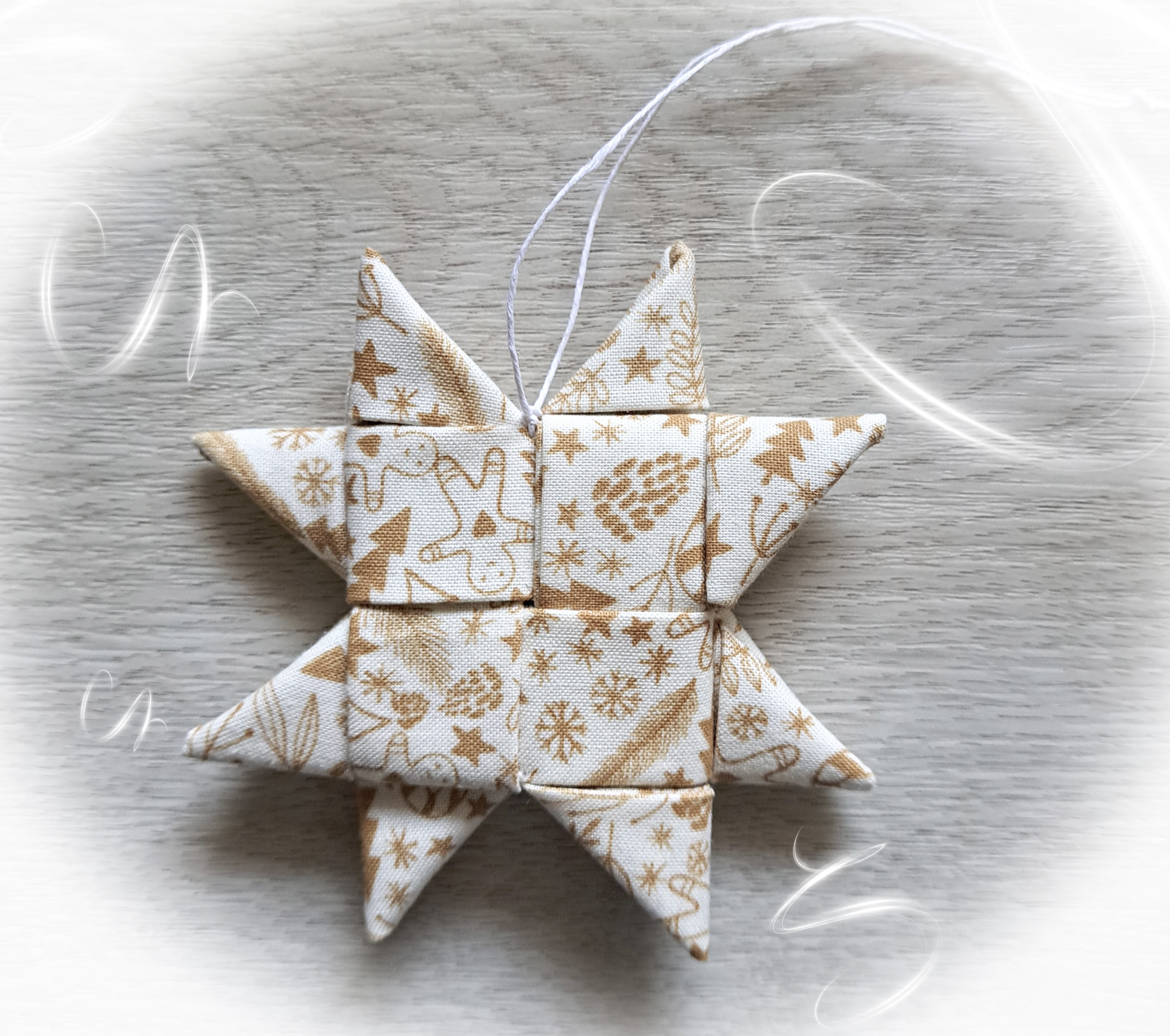 Handmade Scandinavian Fabric Star Ornaments in Gingerbread and White Fabrics