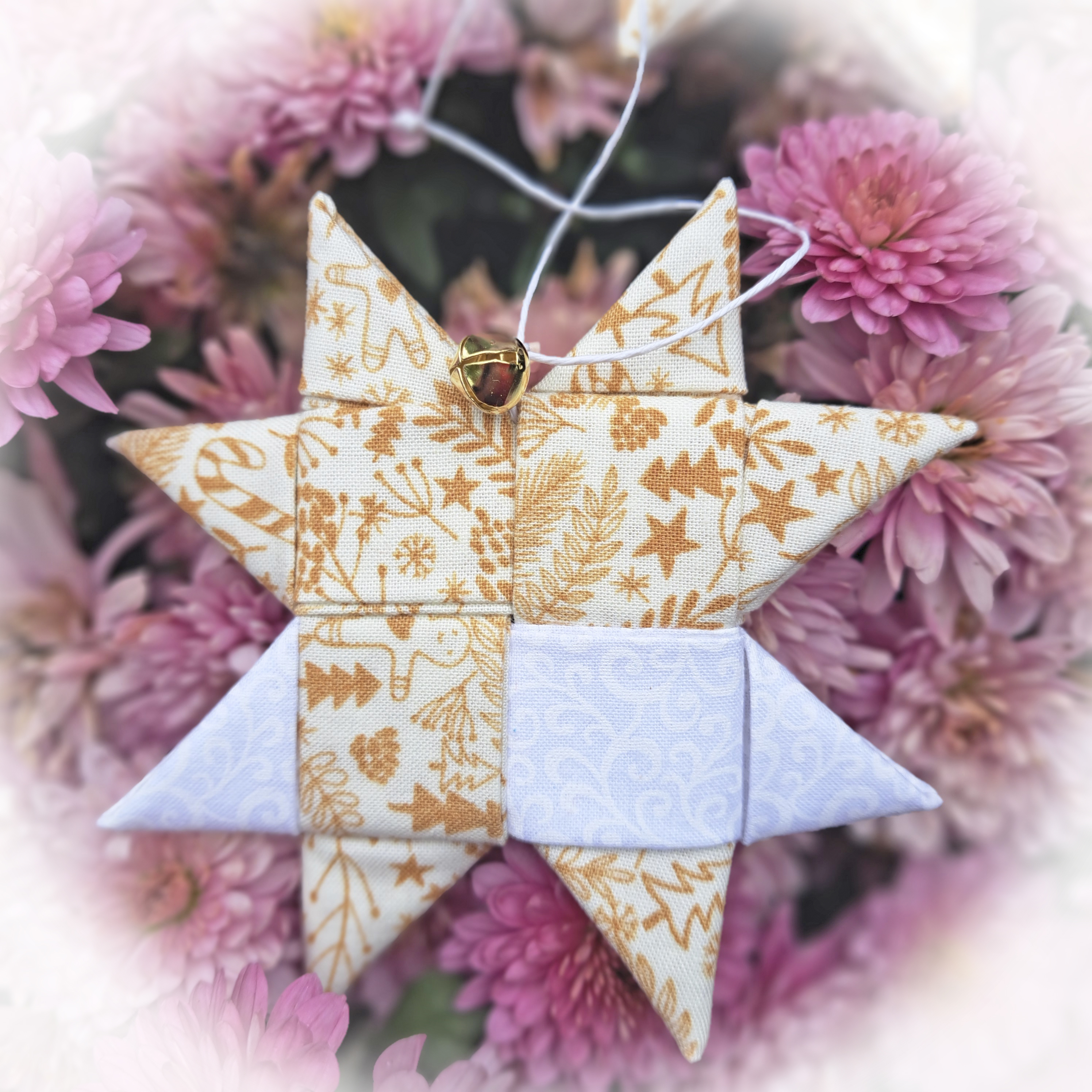 Handmade Scandinavian Fabric Star Ornaments in Gingerbread and White Fabrics