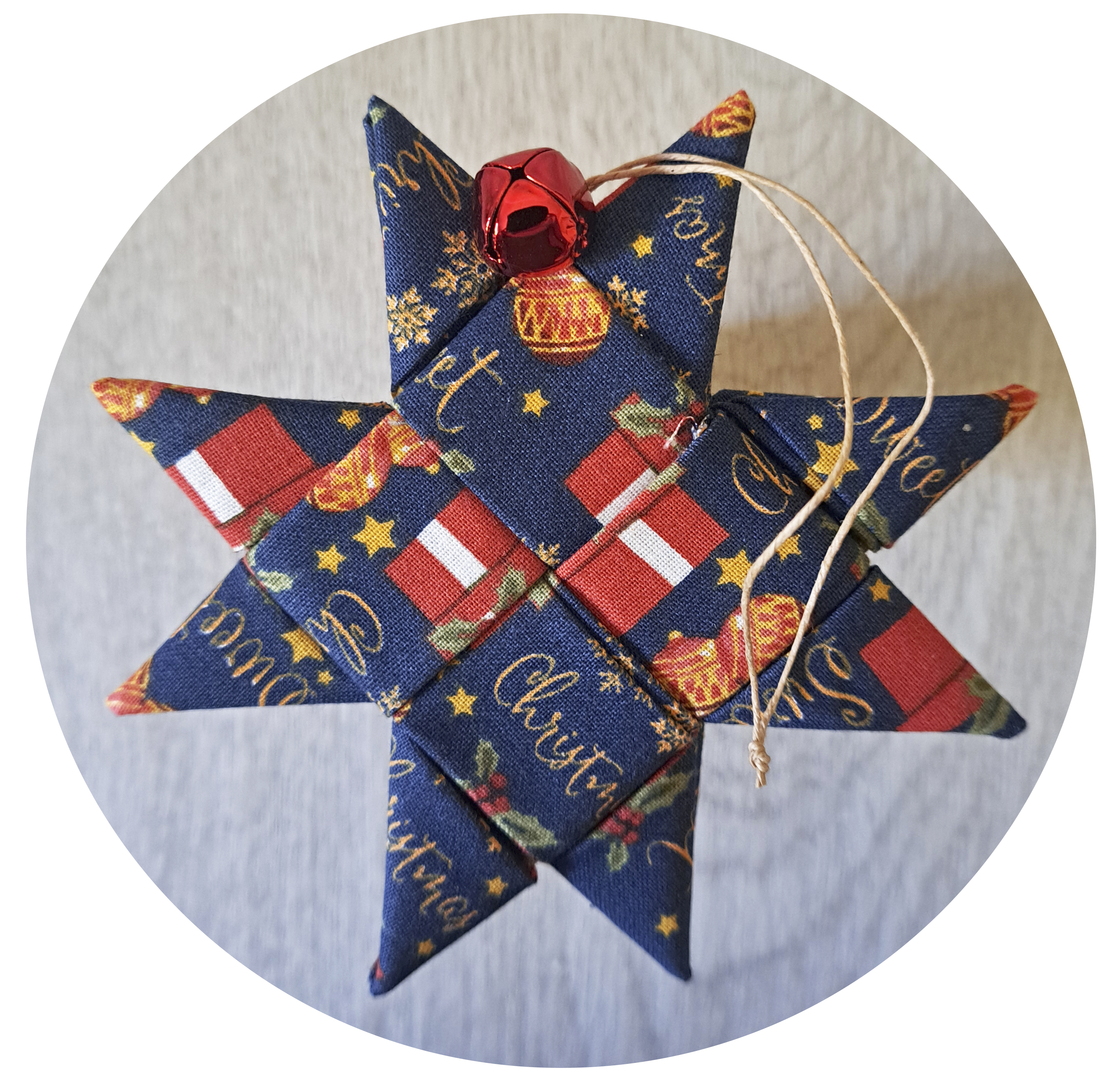 Handcrafted Scandinavian Star Ornament in Blue Fabric Featuring Presents and Stars
