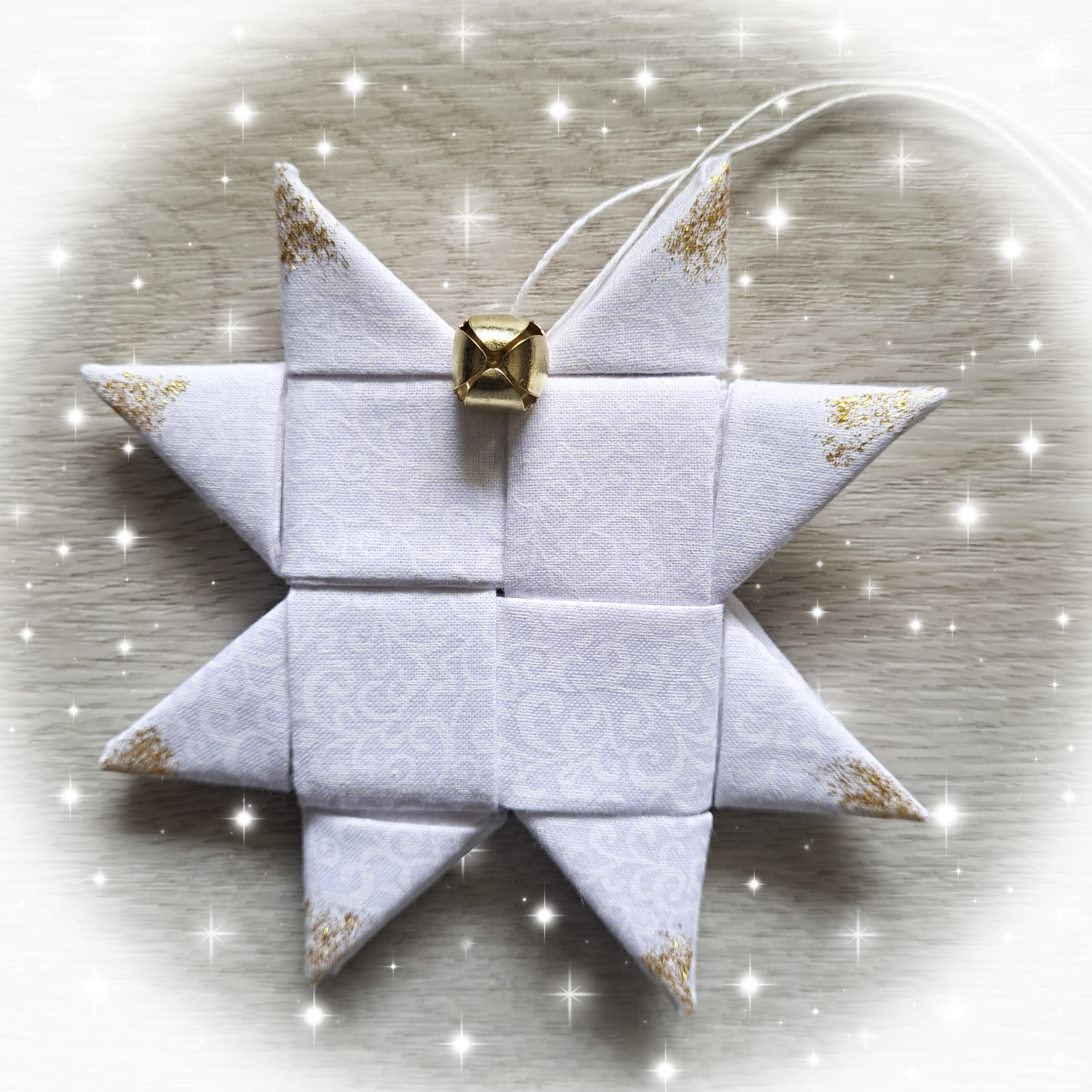 Handmade White Scandinavian Fabric Star Ornament with Gold Tips