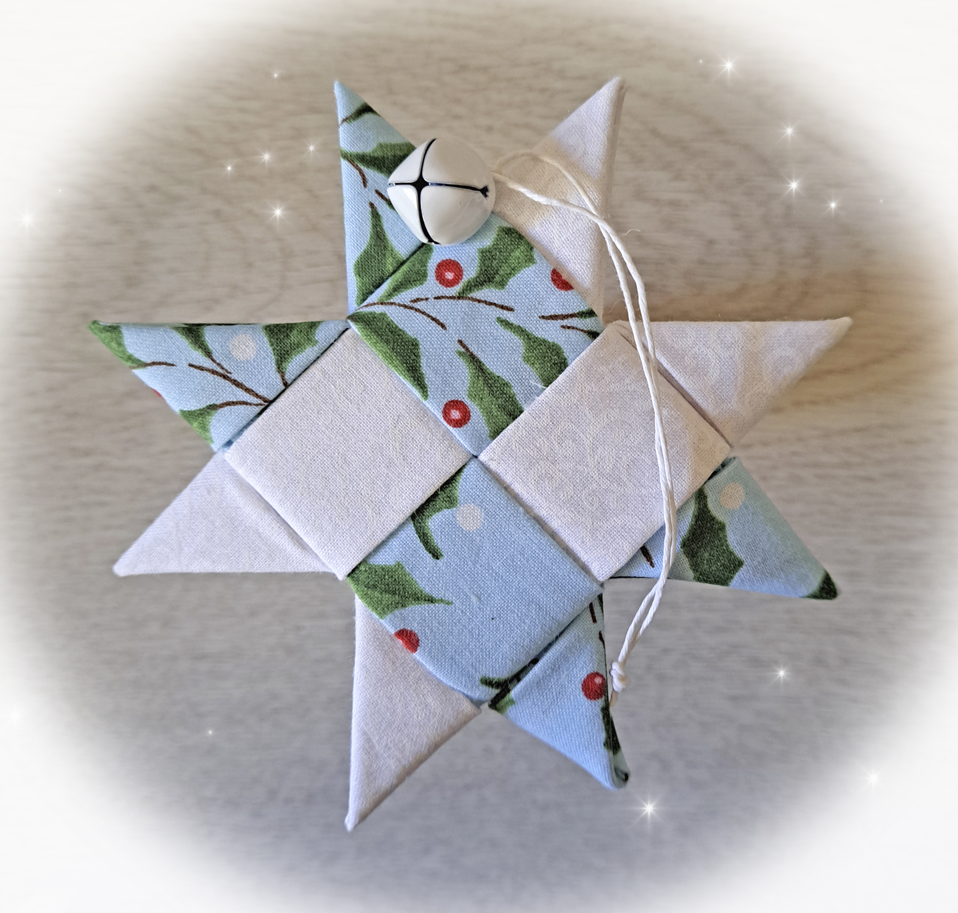 Handcrafted Scandinavian Fabric Star Ornament Adorned with Blue or White Bell