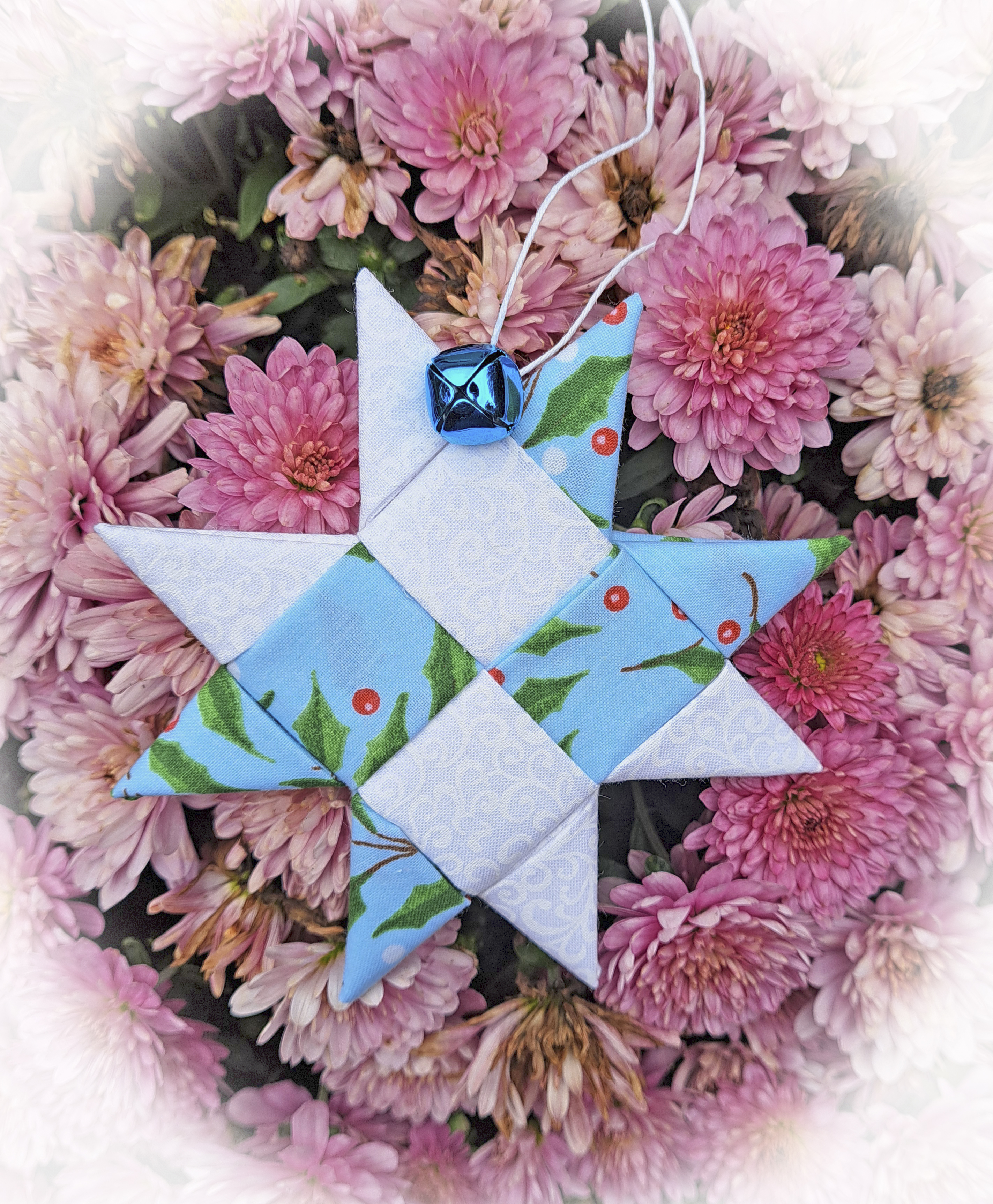 Handcrafted Scandinavian Fabric Star Ornament Adorned with Blue or White Bell