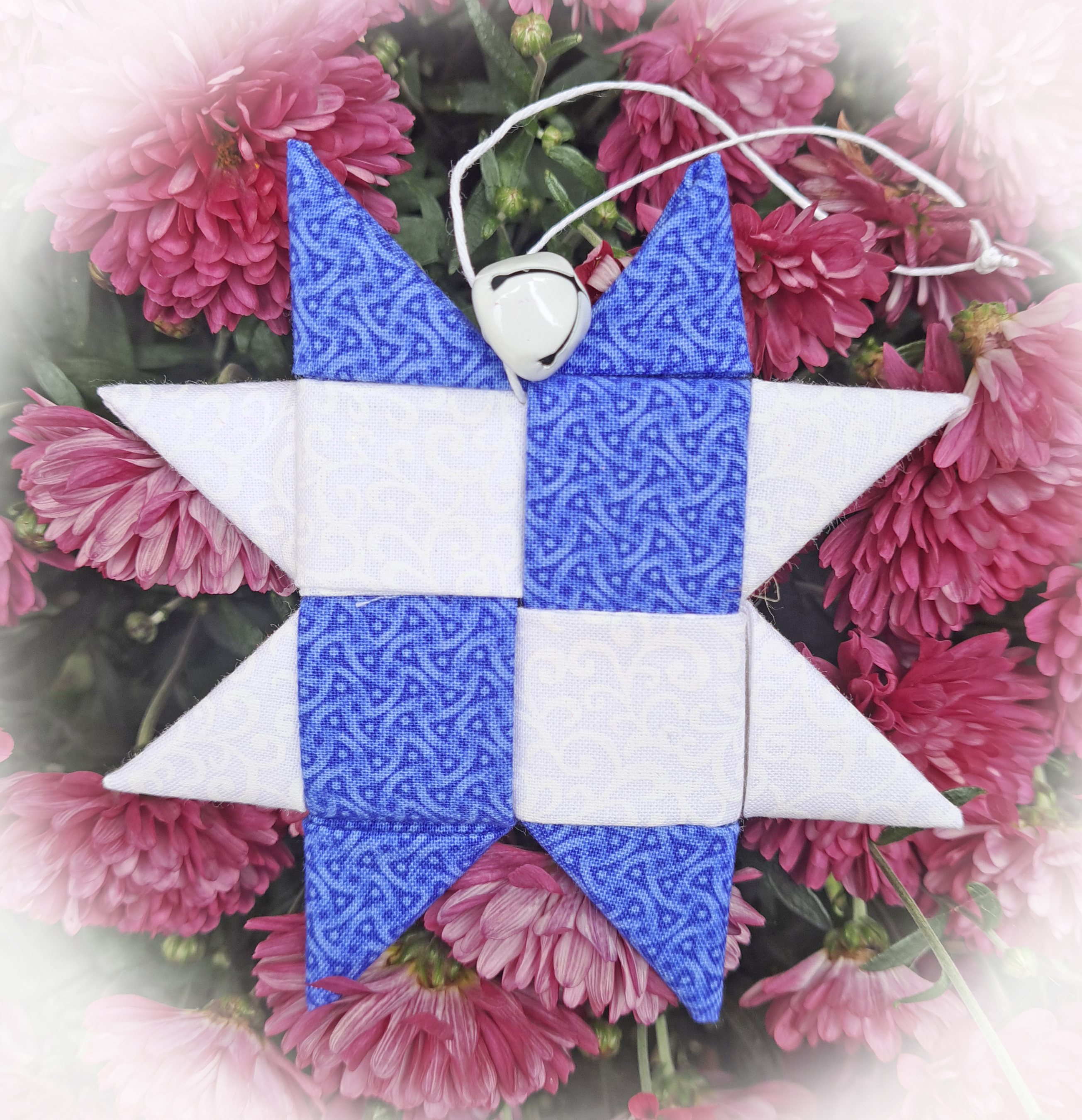 Handcrafted Scandinavian Blue and White Fabric Star Ornament Adorned with Blue or White Bell