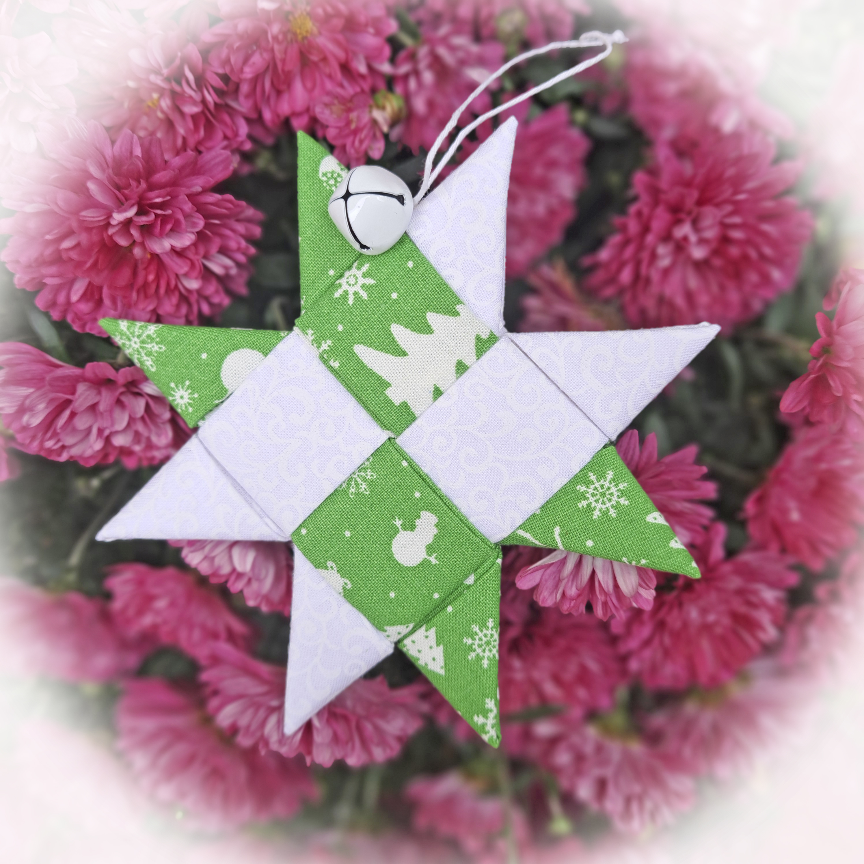 Handmade Scandinavian Star Ornament in White and Green Fabric