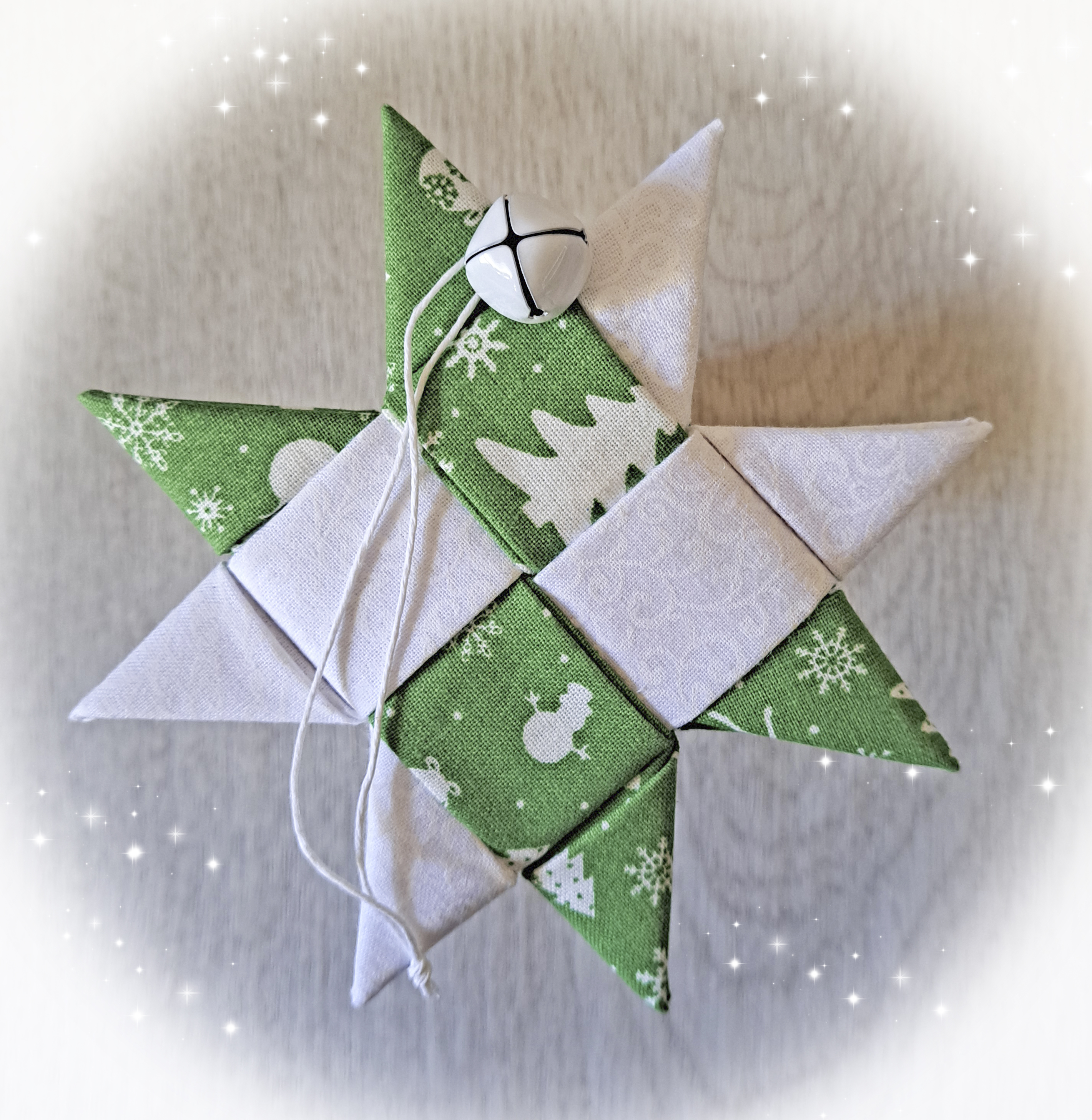 Handmade Scandinavian Star Ornament in White and Green Fabric