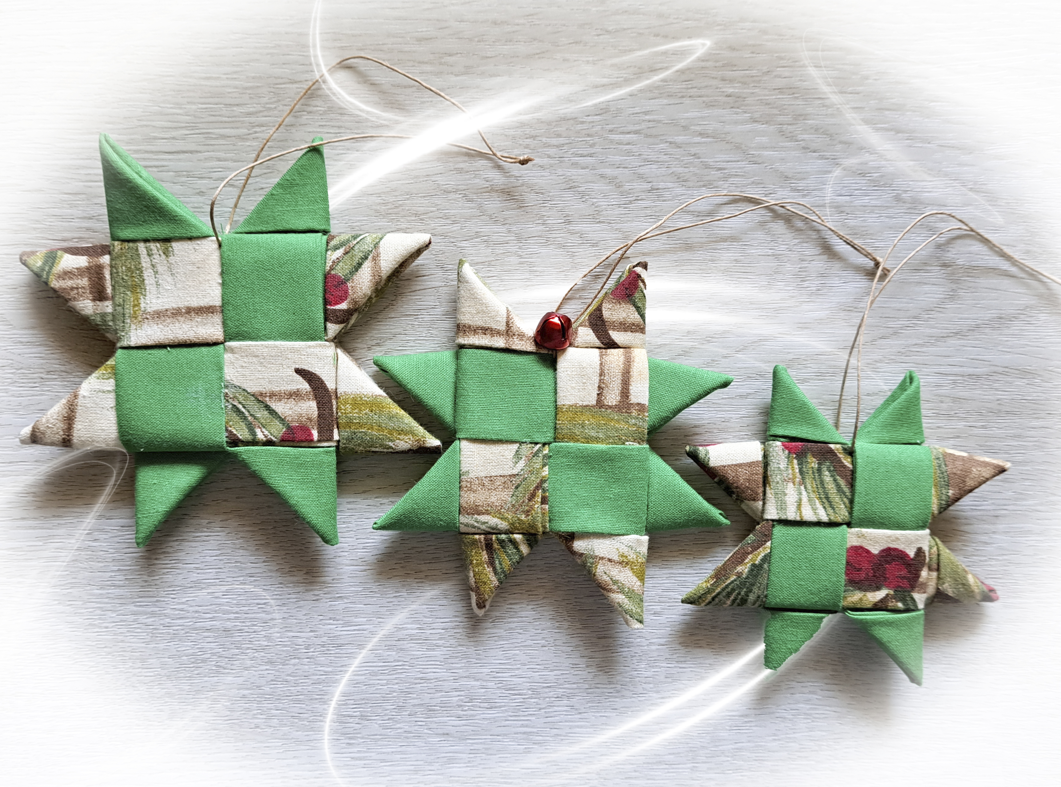 Handmade Scandinavian Fabric Star Ornaments in Green Holly Prints - Single or Set