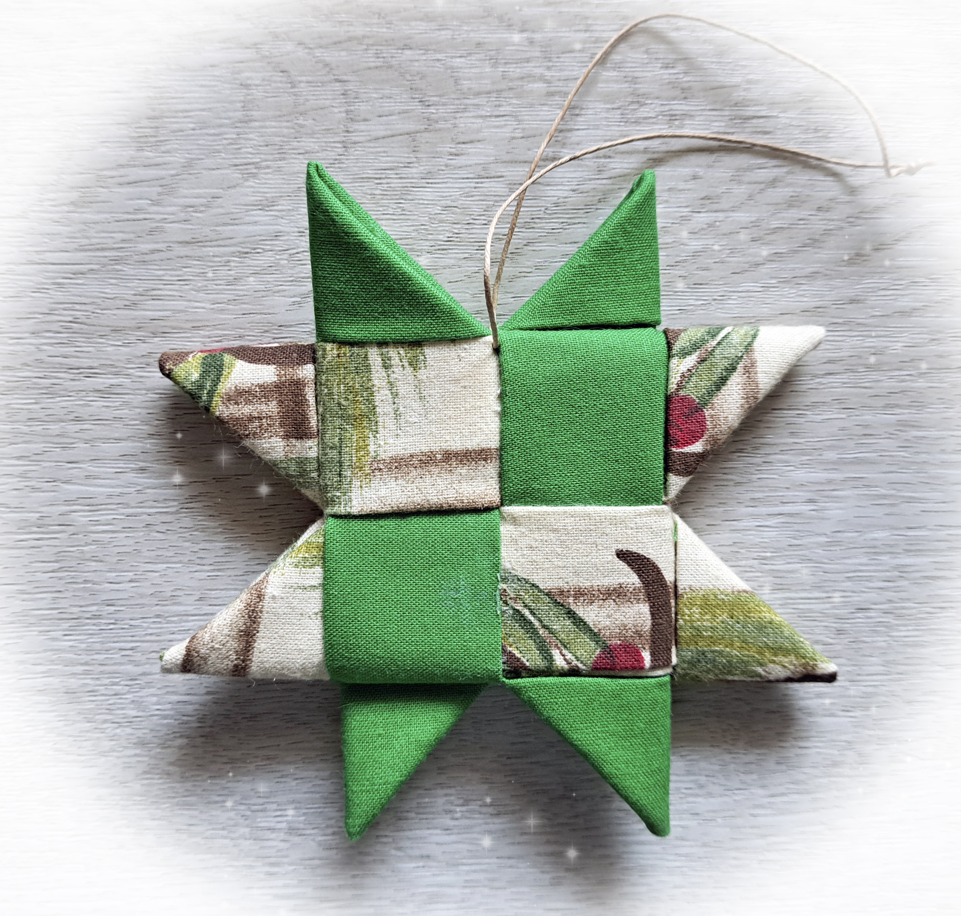 Handmade Scandinavian Fabric Star Ornaments in Green Holly Prints - Single or Set