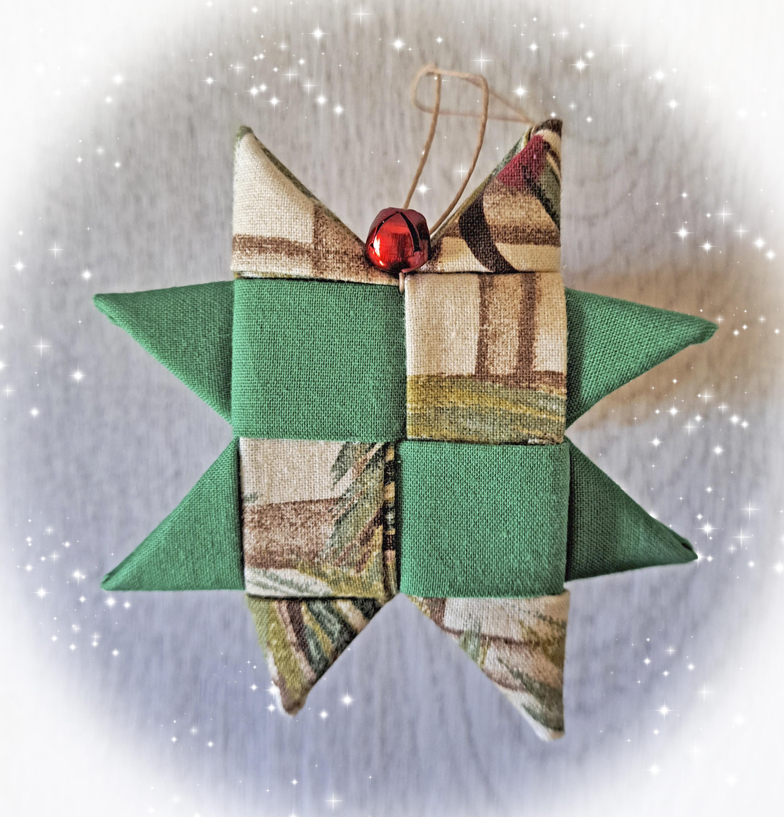 Handmade Scandinavian Fabric Star Ornaments in Green Holly Prints - Single or Set