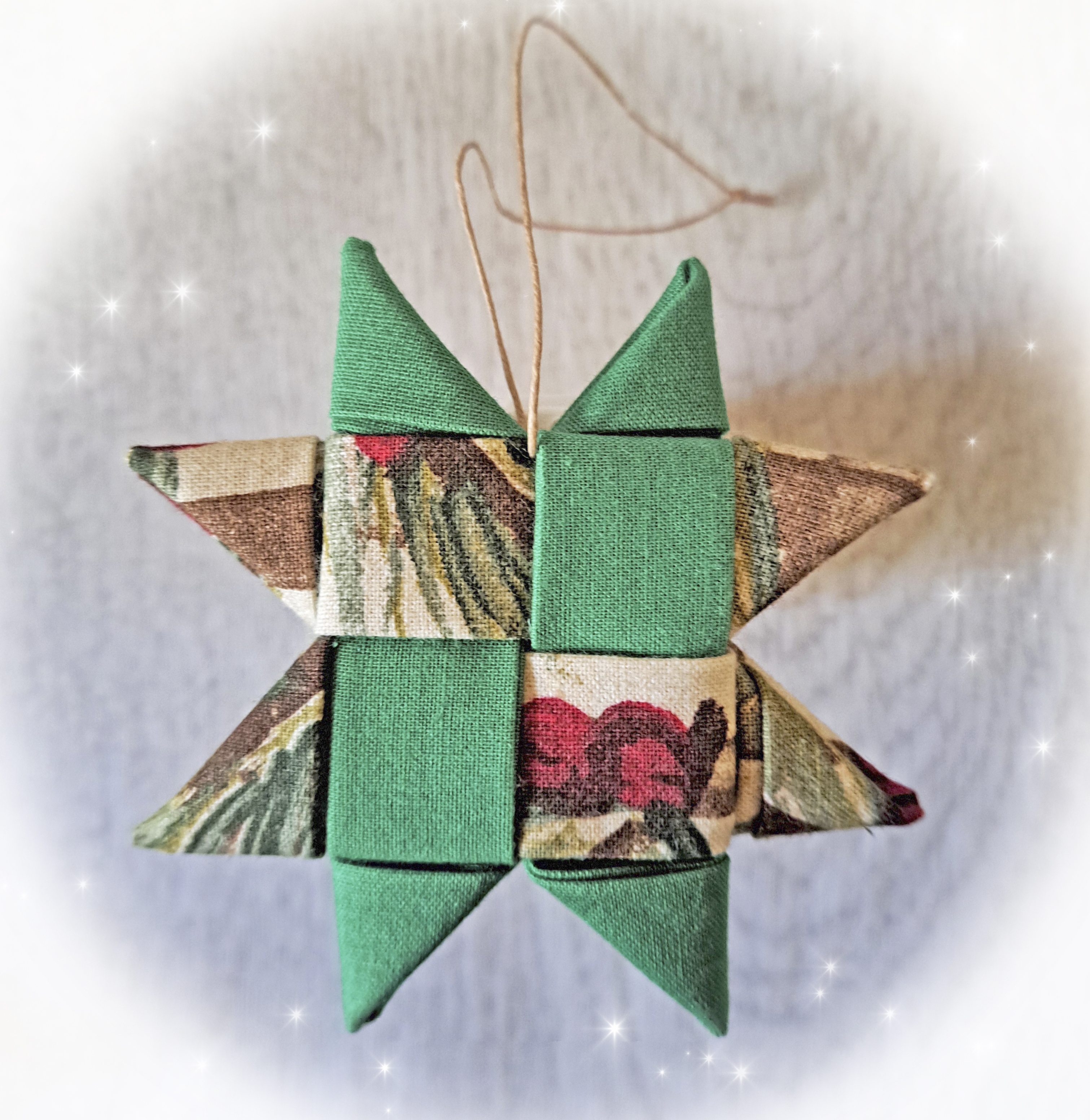 Handmade Scandinavian Fabric Star Ornaments in Green Holly Prints - Single or Set