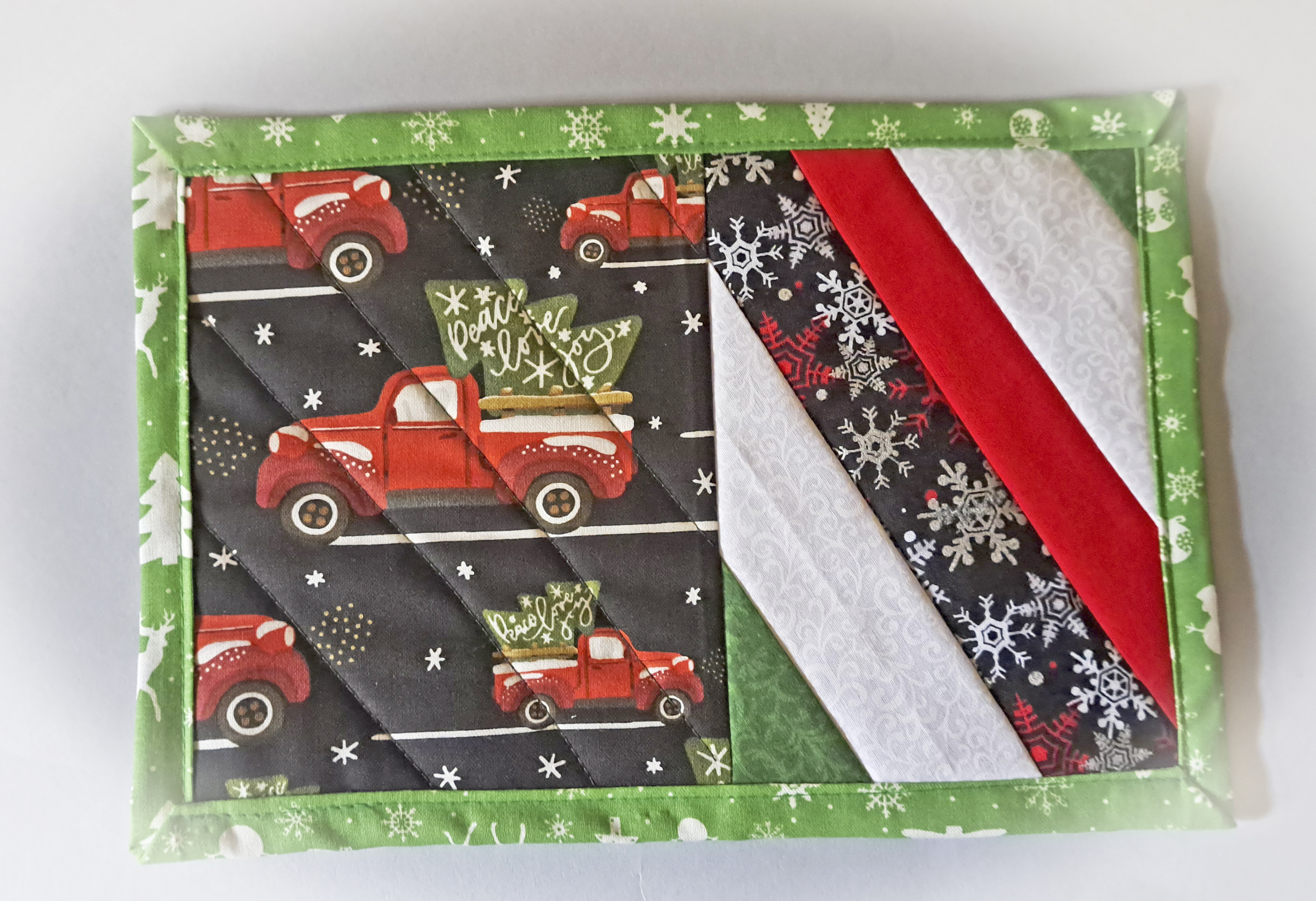 Handmade Quilted Christmas Mug Rug With Red Truck Fabric - Set of 2