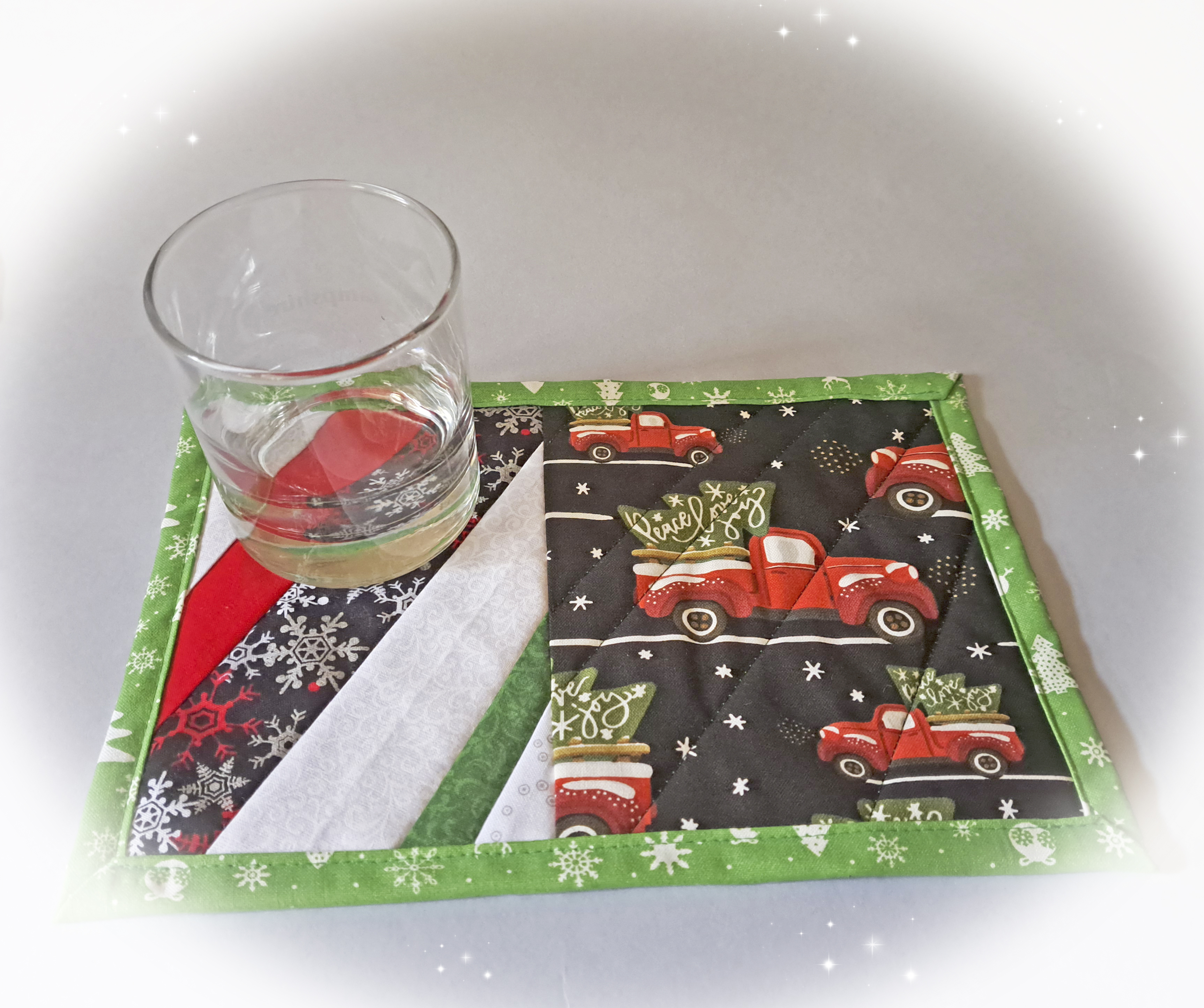 Handmade Quilted Christmas Mug Rug With Red Truck Fabric - Set of 2