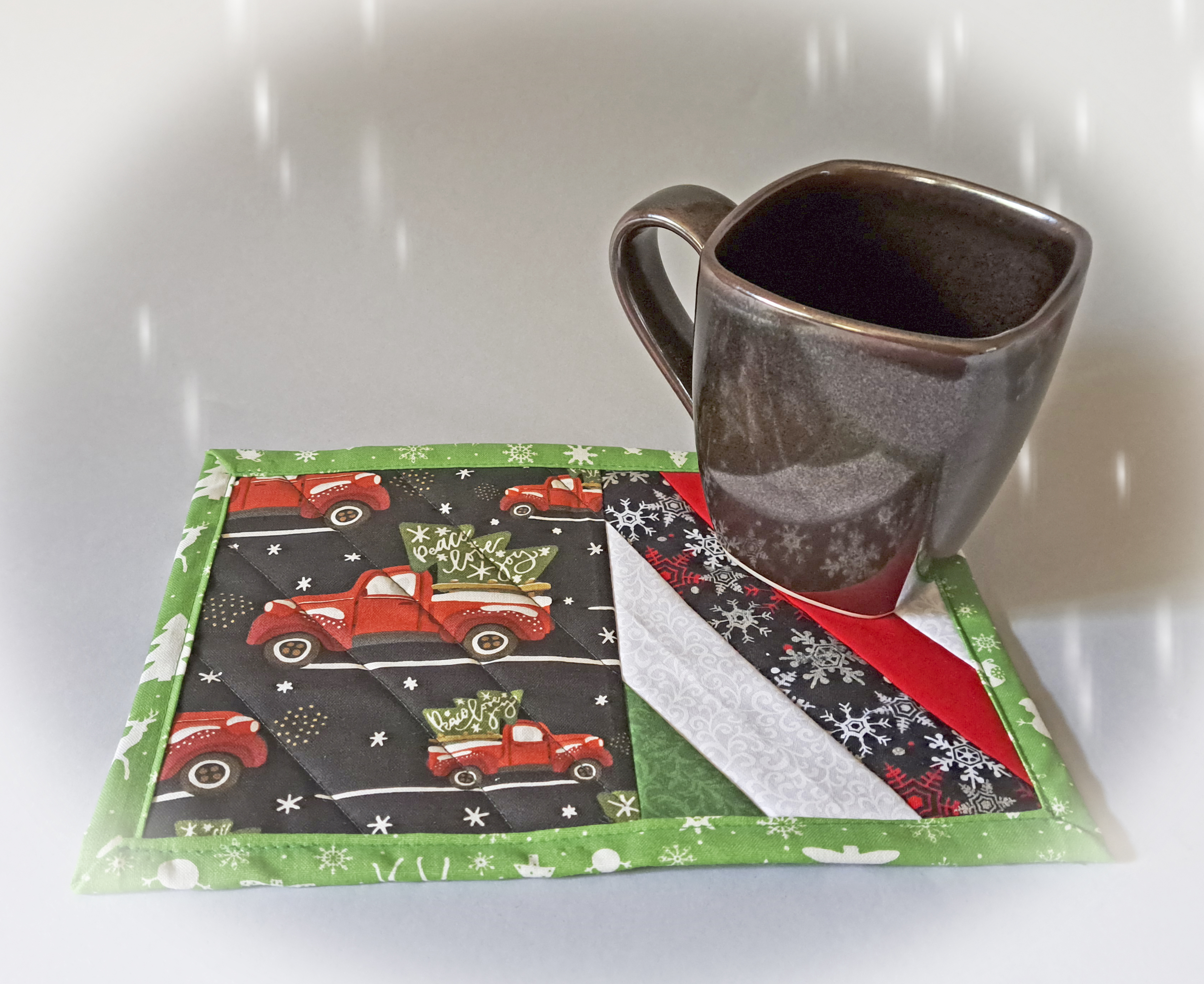 Handmade Quilted Christmas Mug Rug With Red Truck Fabric - Set of 2