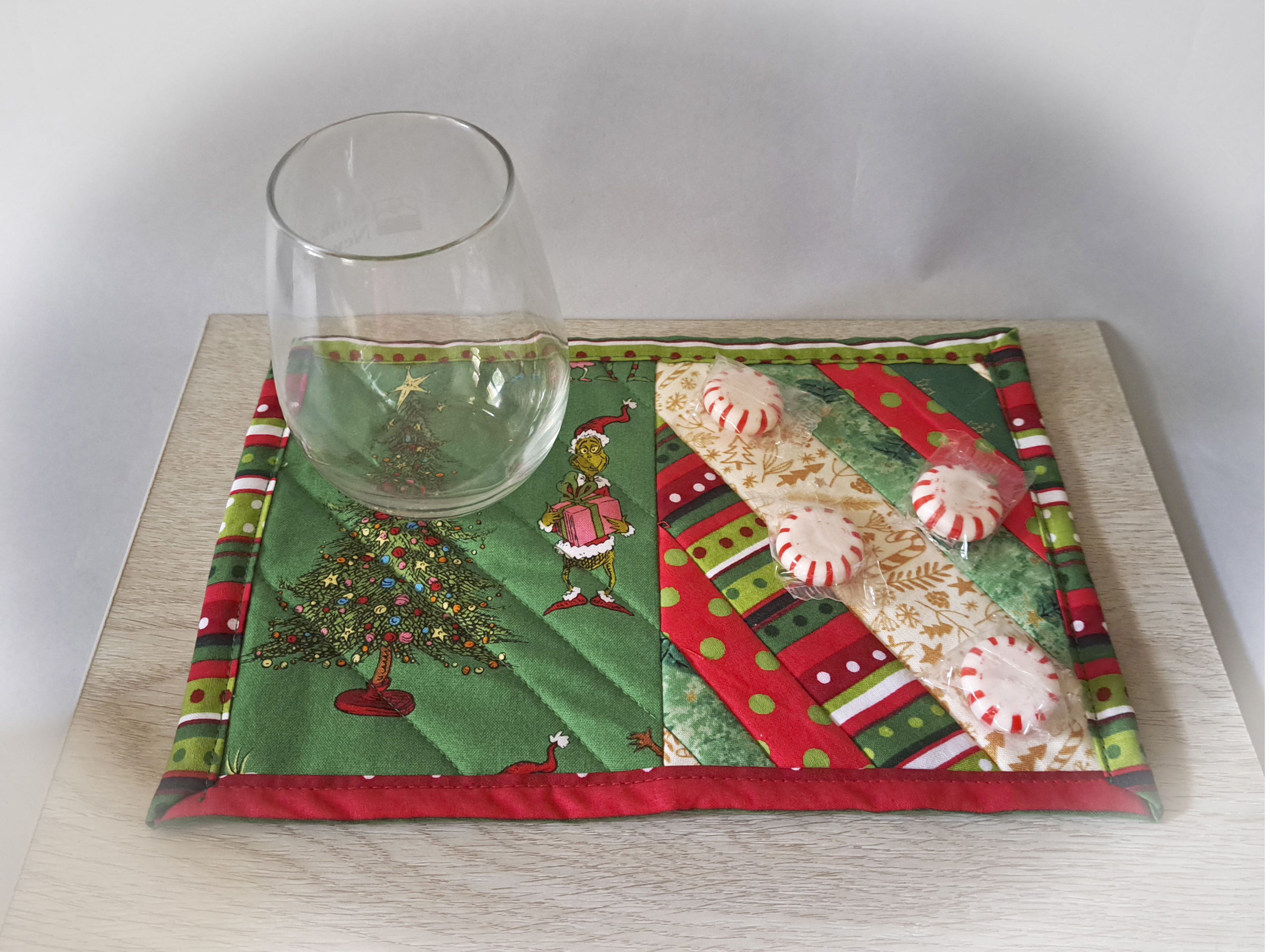 Handmade Grinchmas Quilted Fabric Mug Rug - Set of 2