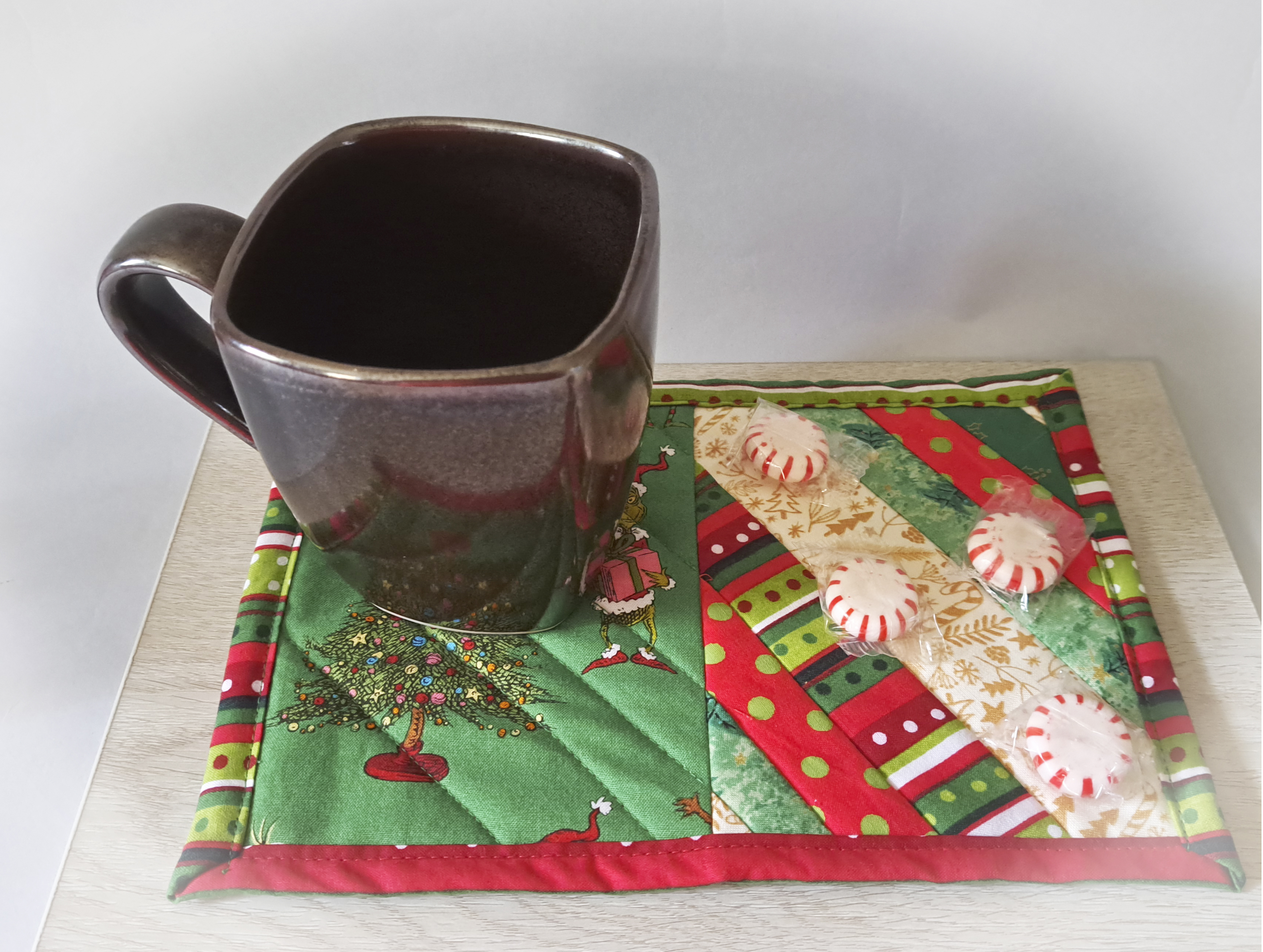 Handmade Grinchmas Quilted Fabric Mug Rug - Set of 2