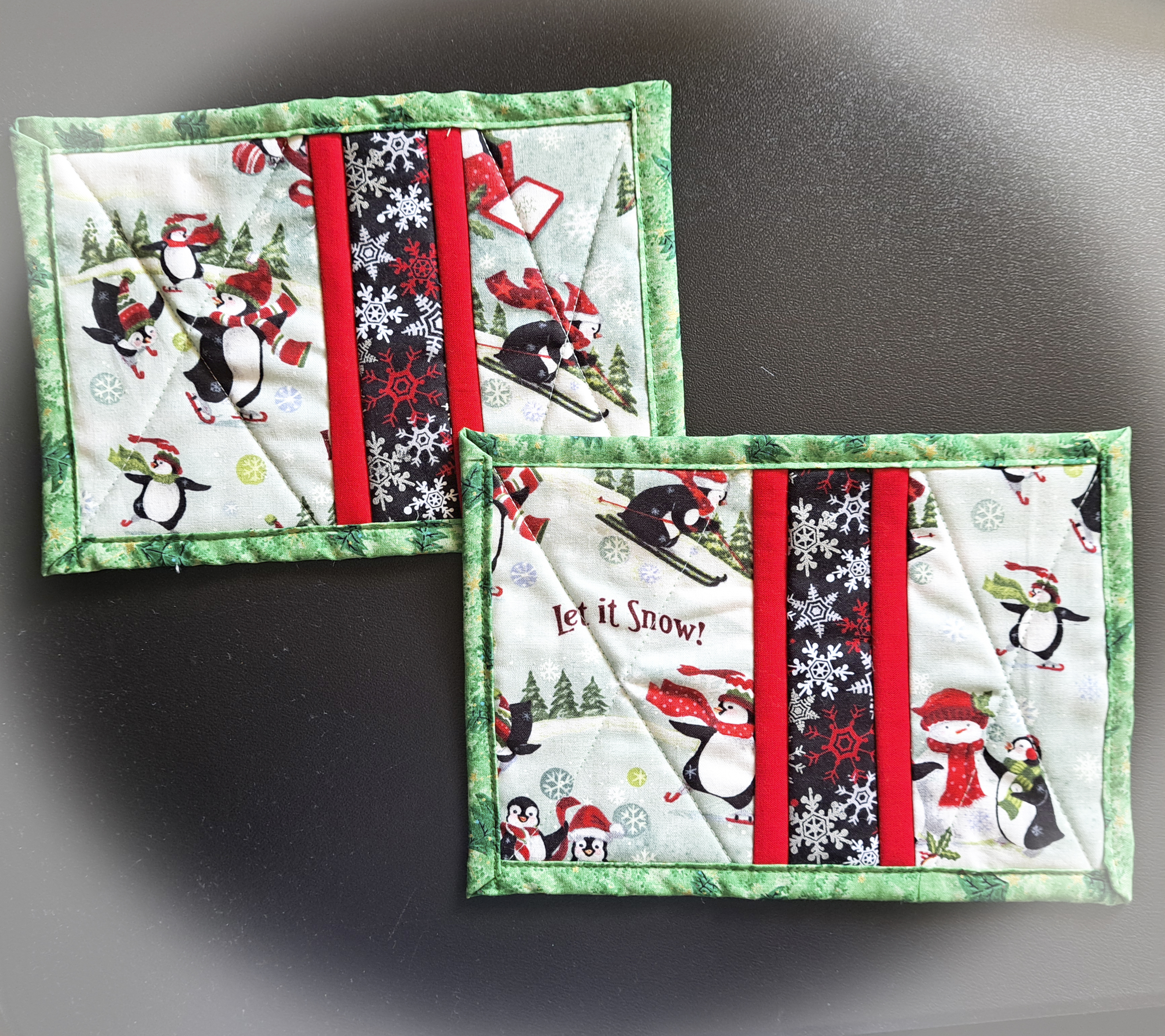 Set of 2 Handmade Winter Themed Mug Rugs Featuring Skating Penguins