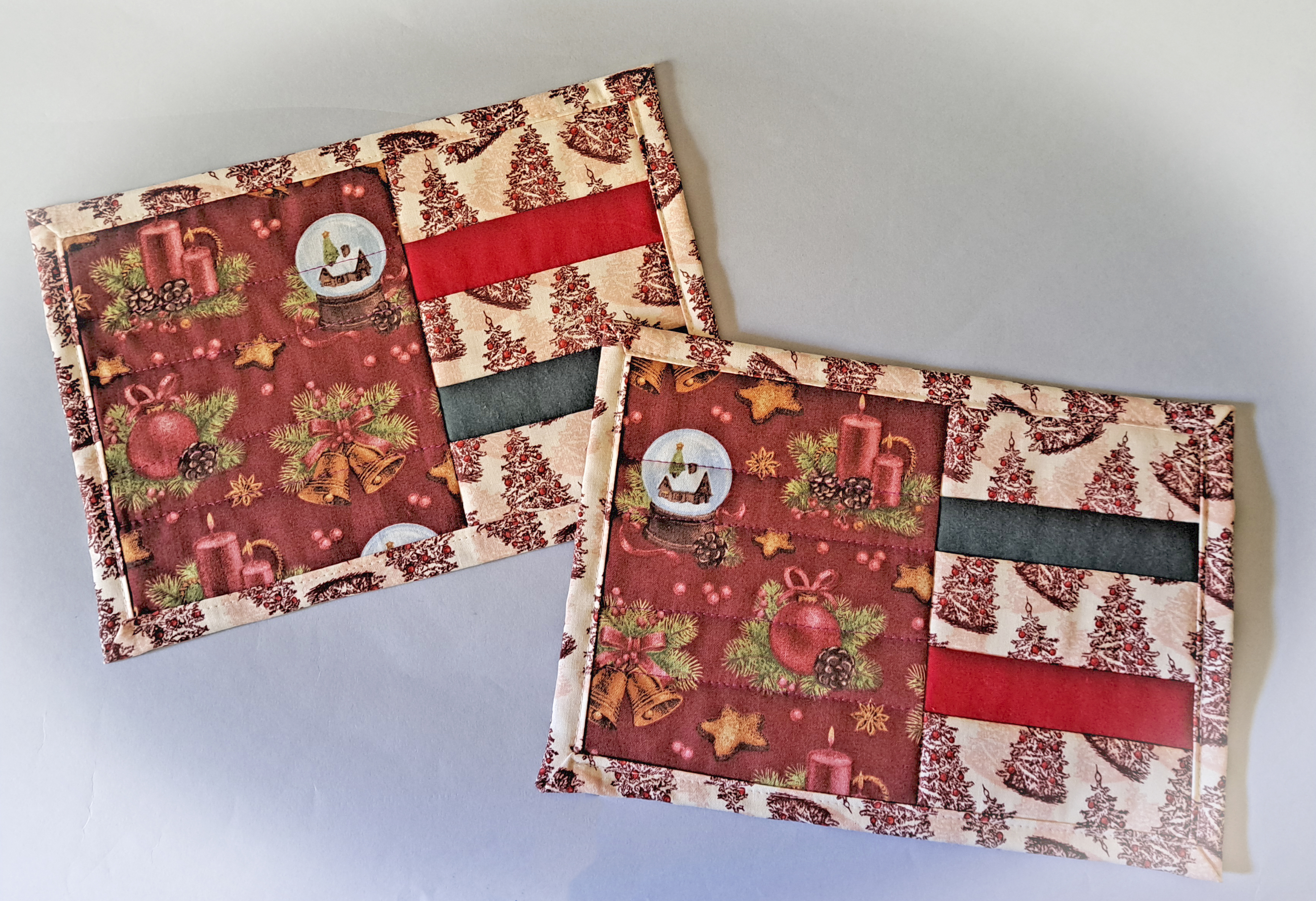 Handmade Fabric Quilted Holiday Mug Rug Set - Candles and Bell Fabric