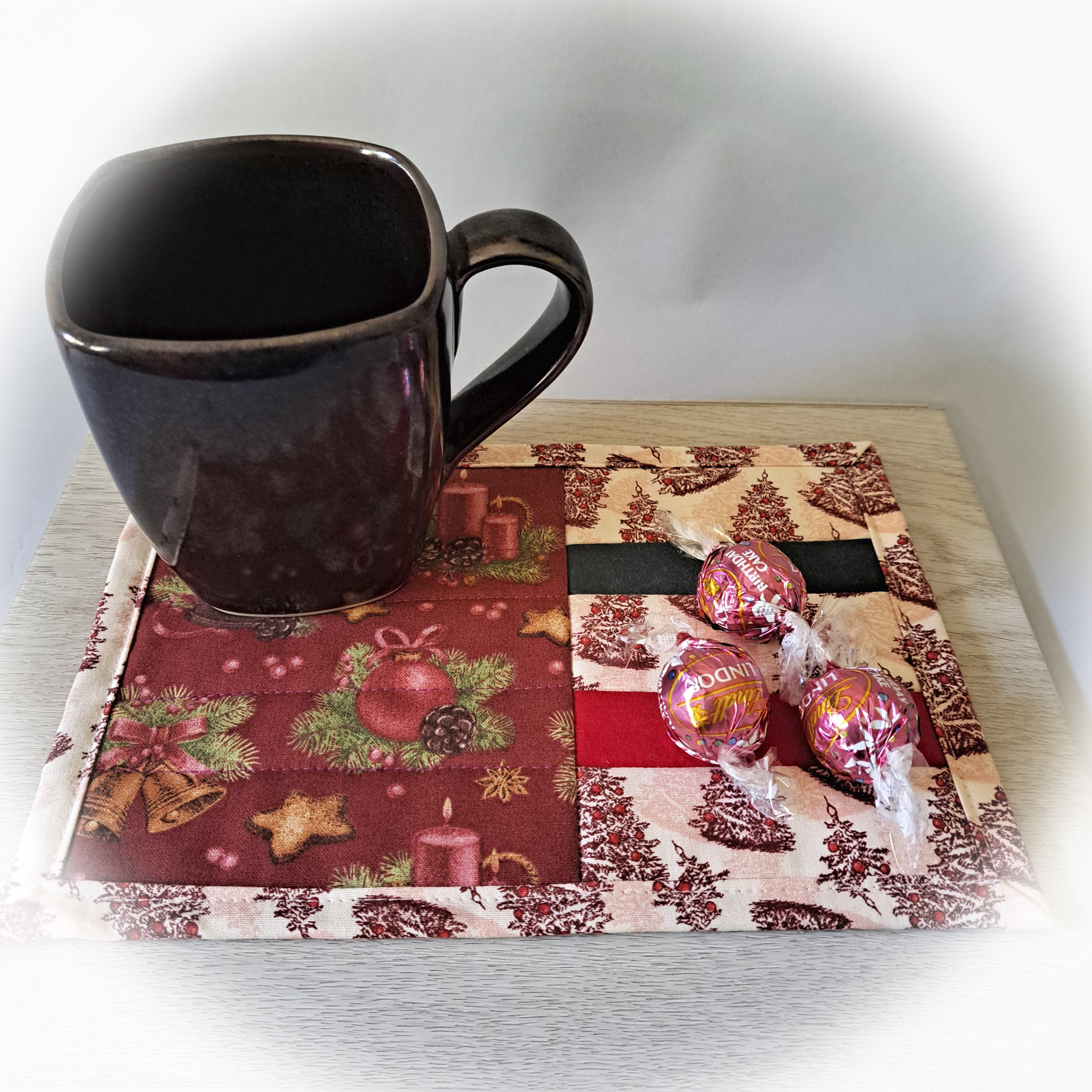 Handmade Fabric Quilted Holiday Mug Rug Set - Candles and Bell Fabric