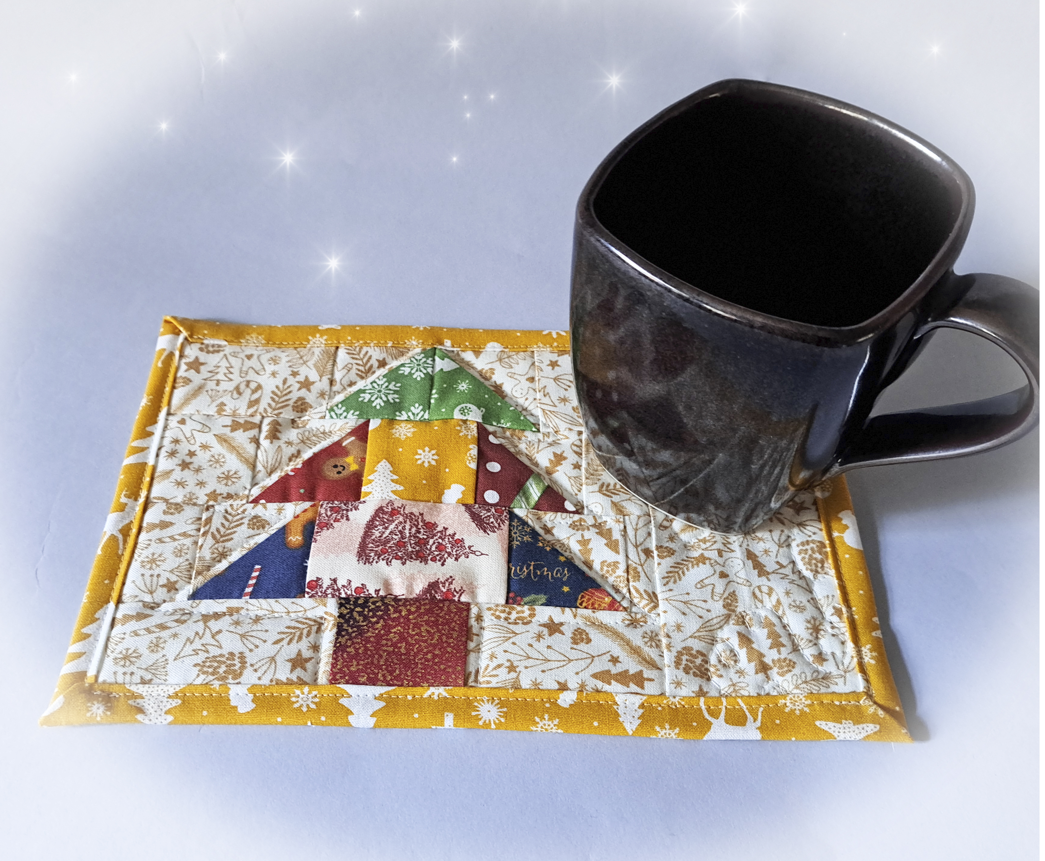 Handmade Fabric Quilted Mug Rug - Gold Christmas Tree Set of 2