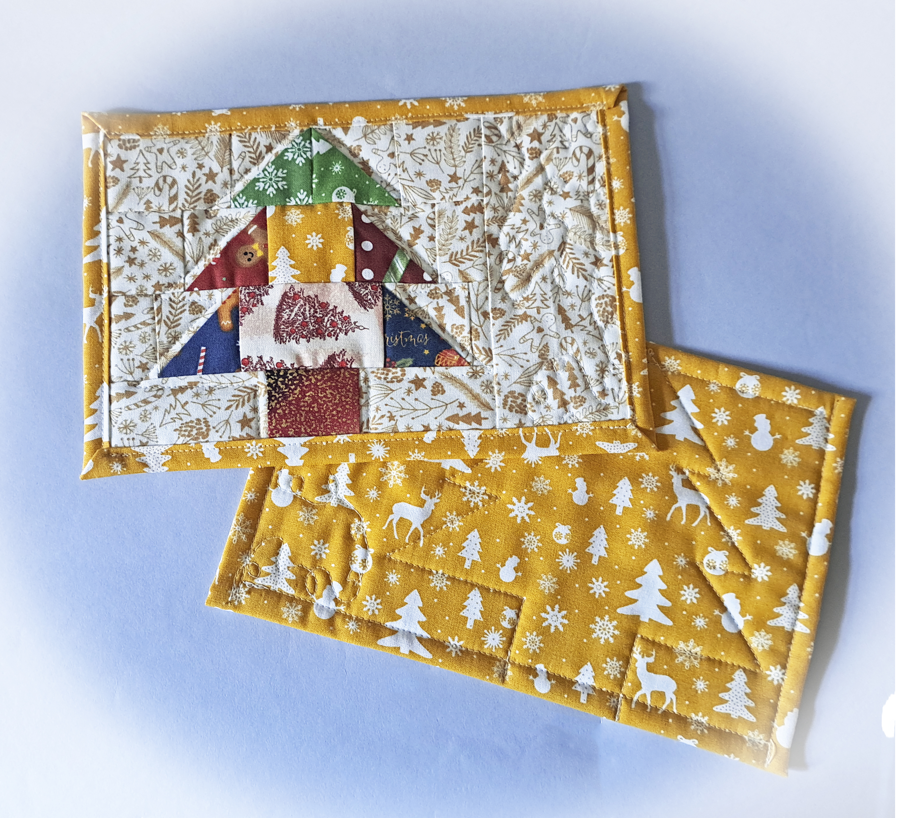 Handmade Fabric Quilted Mug Rug - Gold Christmas Tree Set of 2