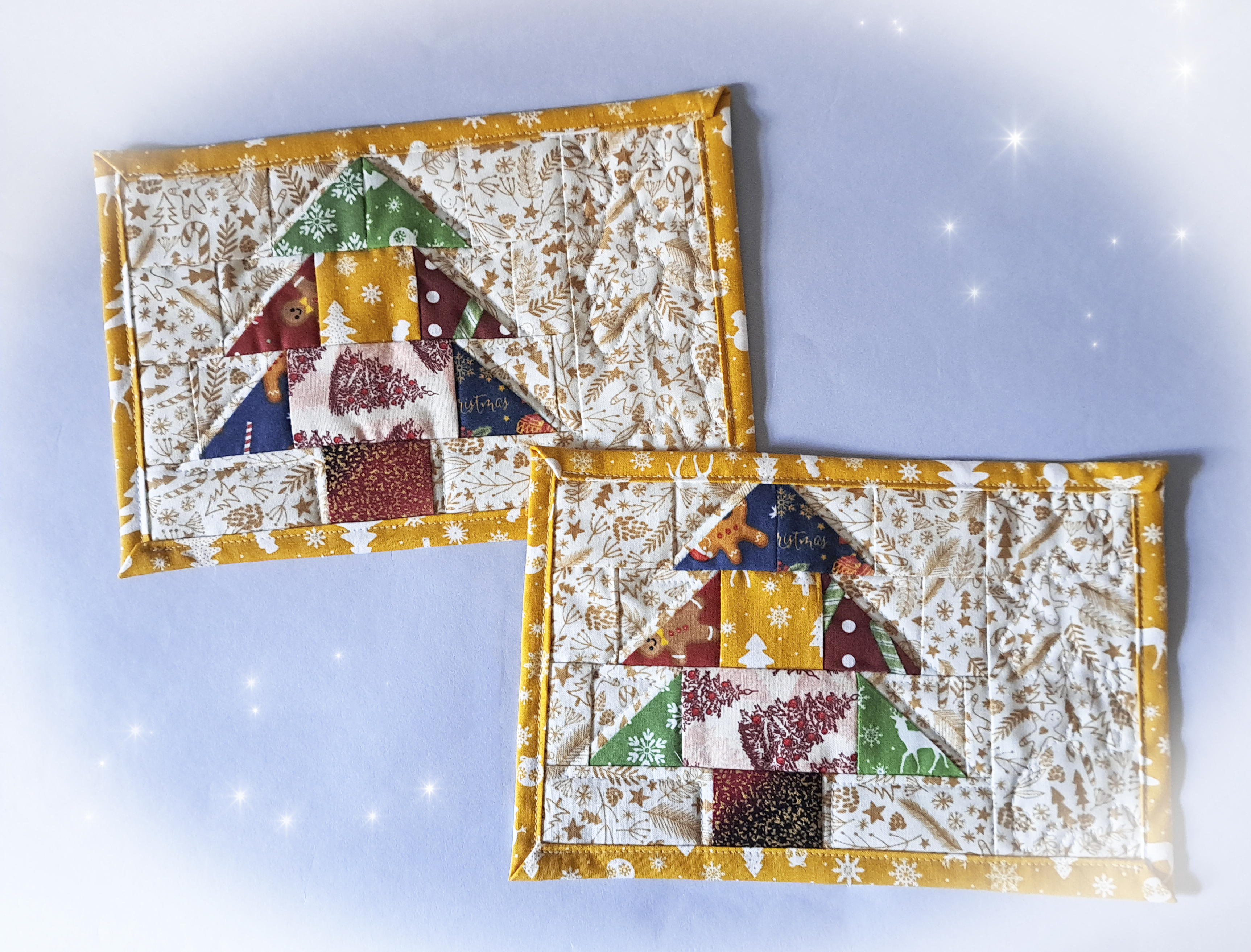 Handmade Fabric Quilted Mug Rug - Gold Christmas Tree Set of 2