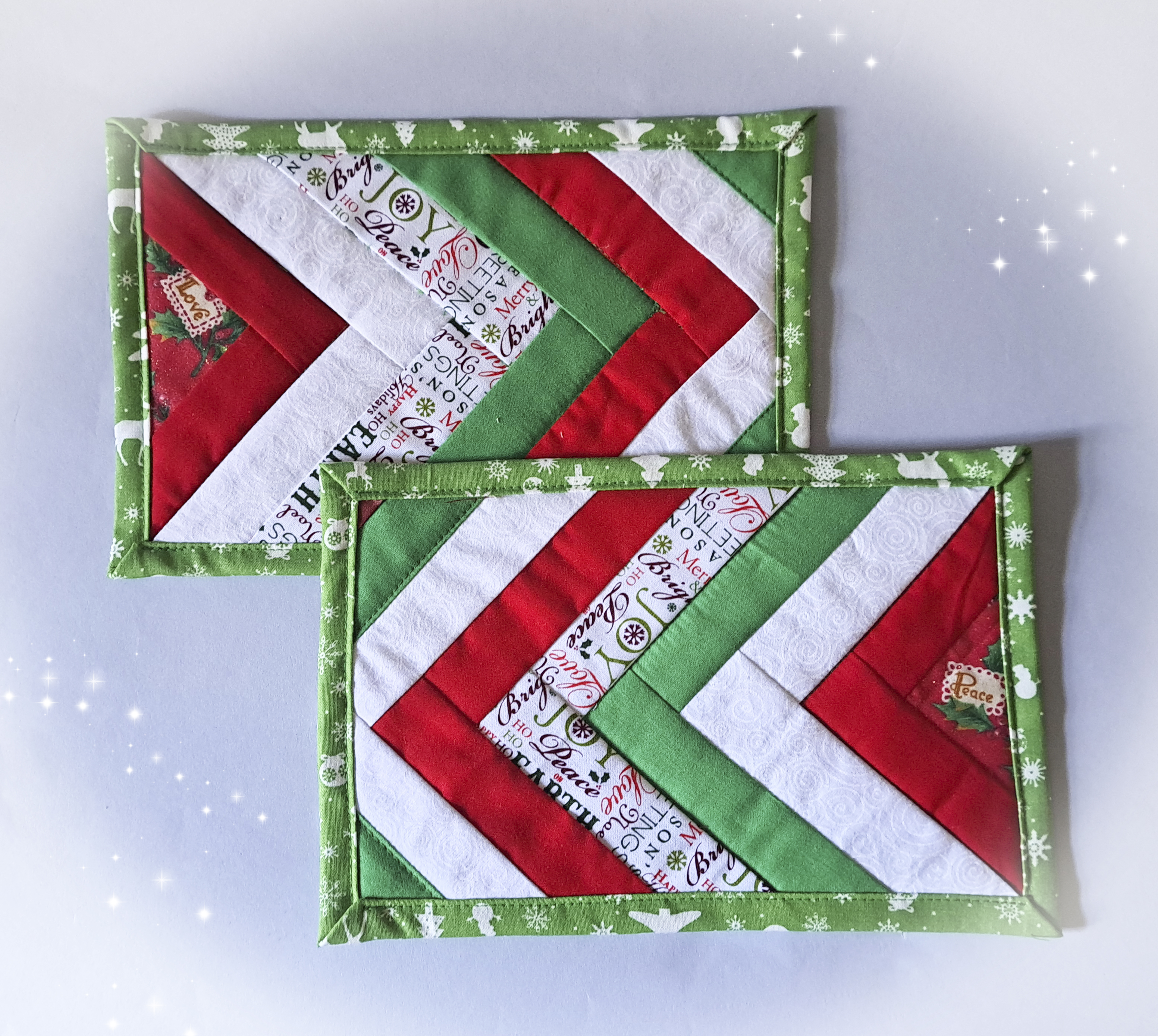 Handmade Fabric Quilted Holiday Mug Rugs - Red and Green Braid Design - Set of 2
