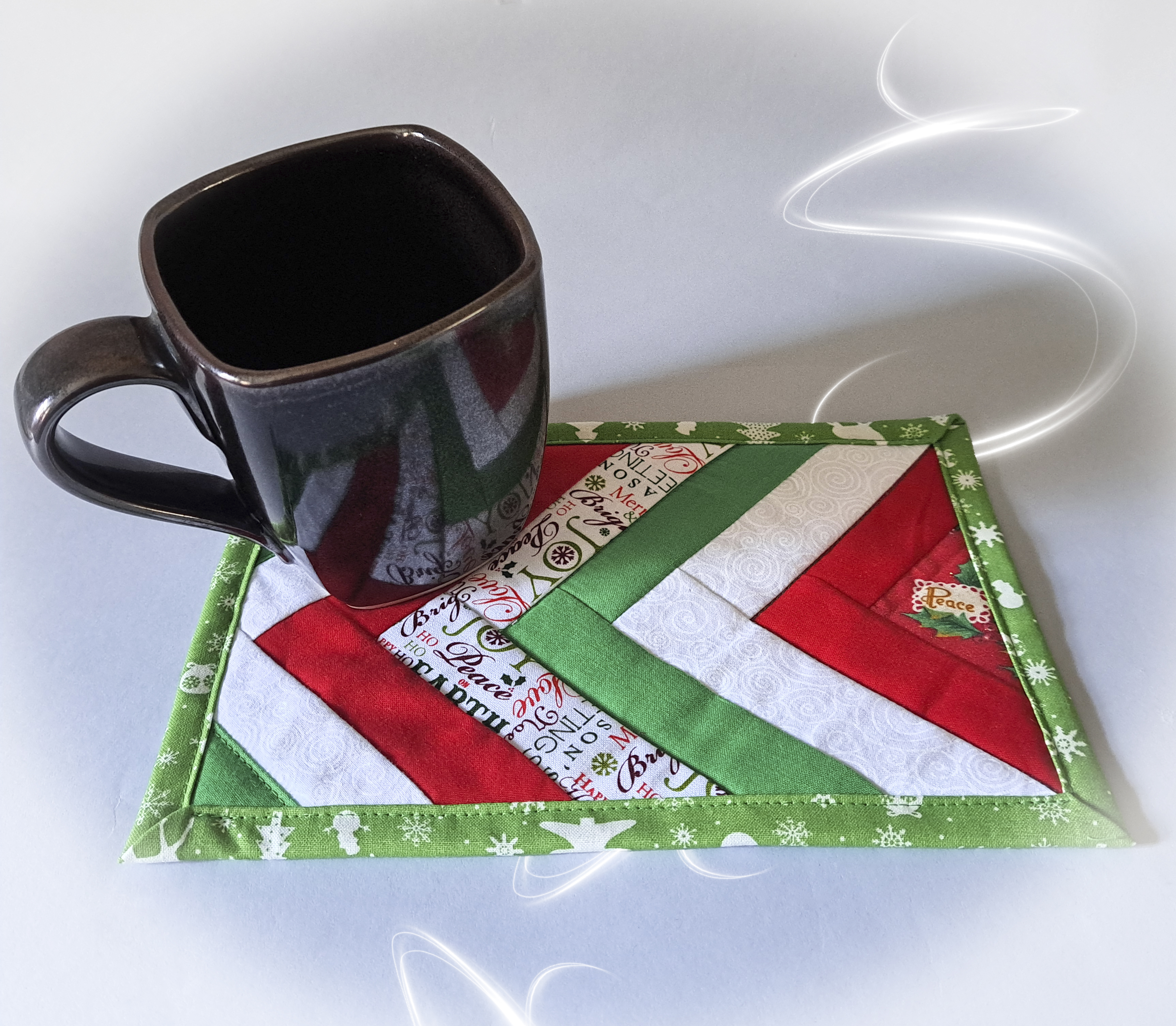 Handmade Fabric Quilted Holiday Mug Rugs - Red and Green Braid Design - Set of 2