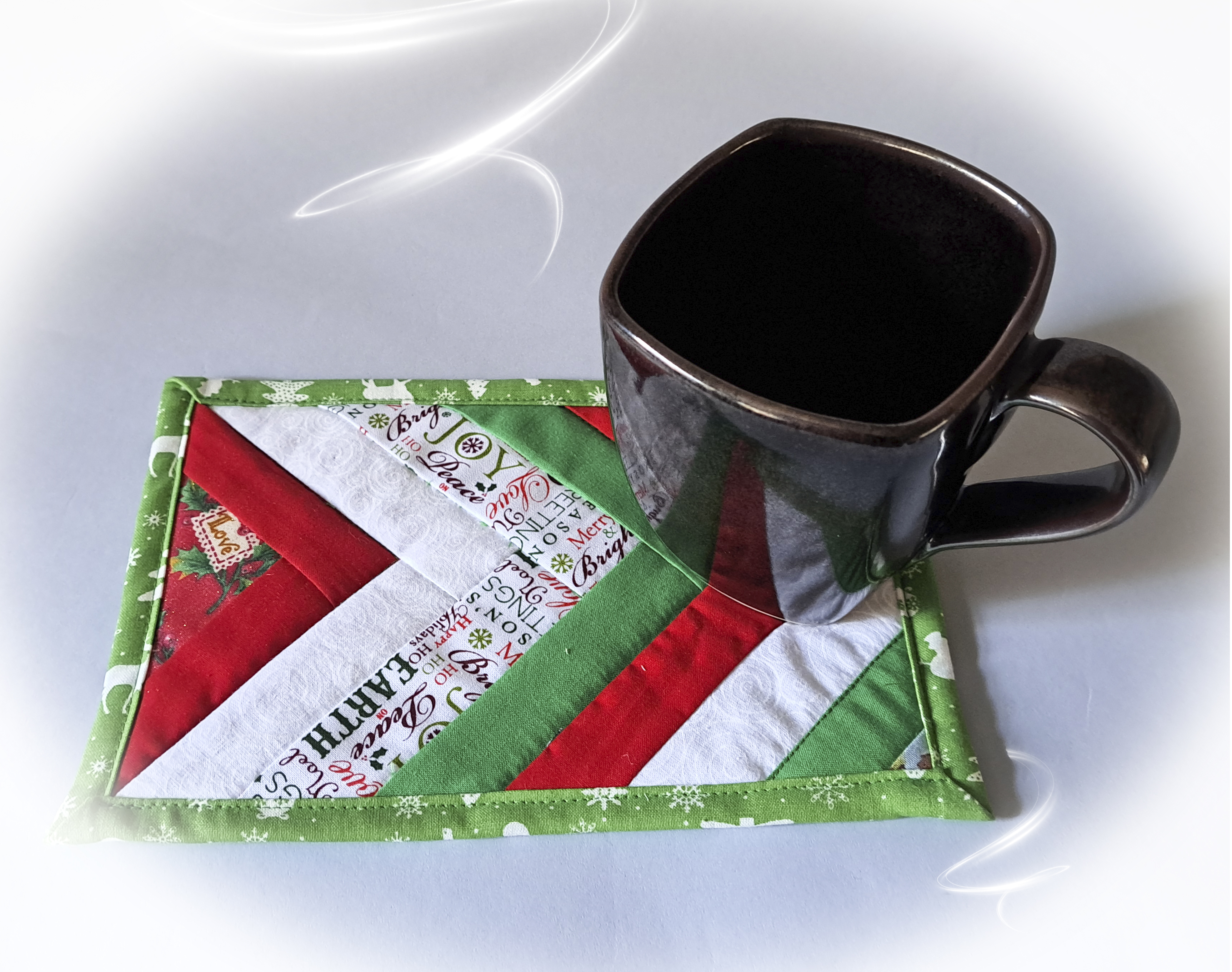 Handmade Fabric Quilted Holiday Mug Rugs - Red and Green Braid Design - Set of 2