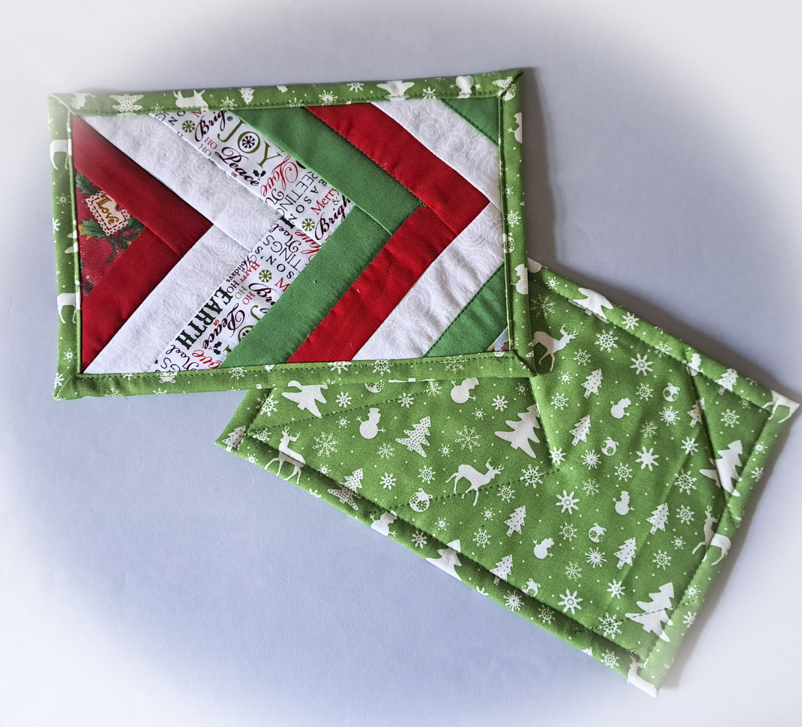 Handmade Fabric Quilted Holiday Mug Rugs - Red and Green Braid Design - Set of 2