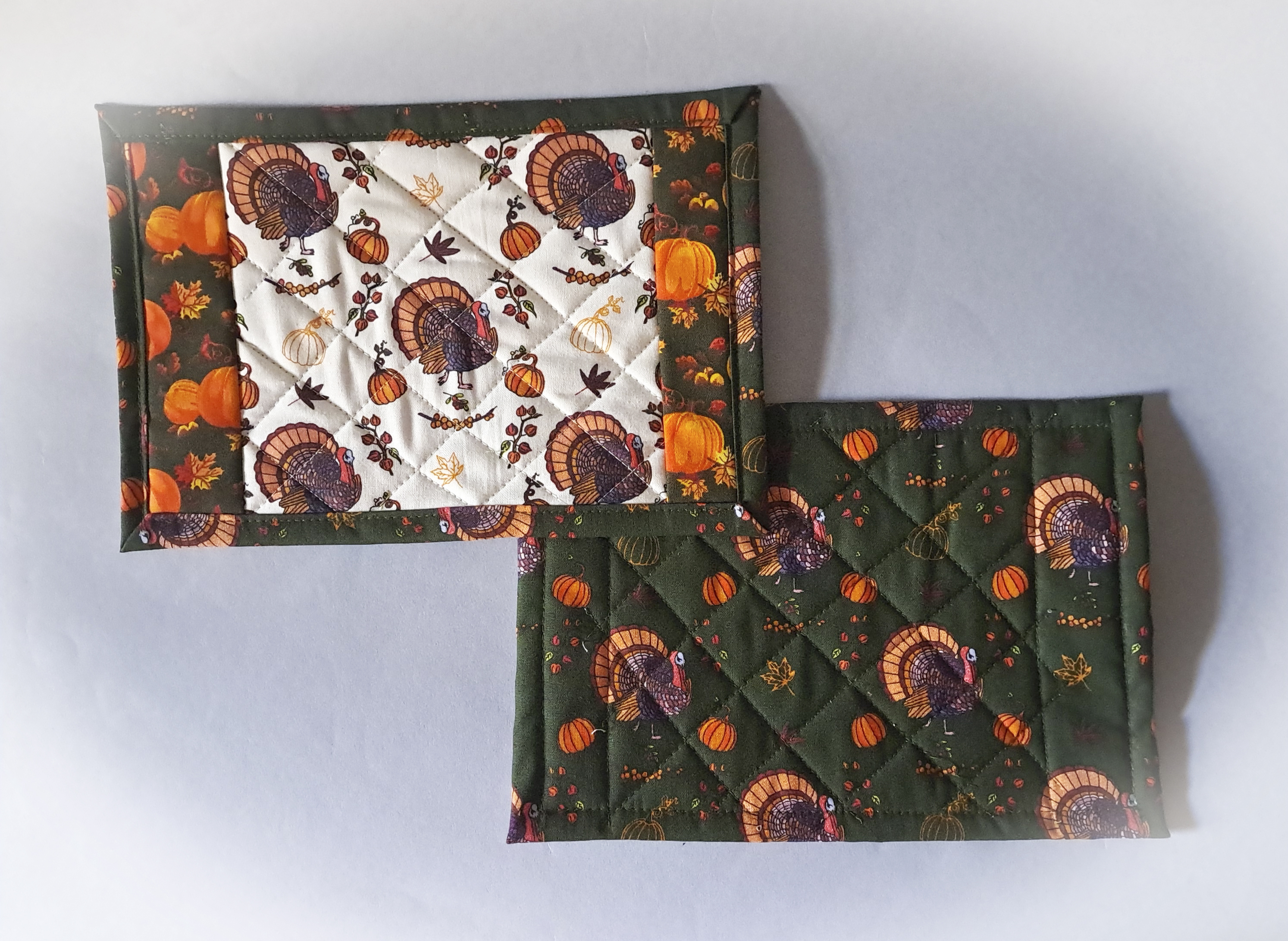 Handmade Fabric Quilted Mug Rugs - Festive Turkey and Pumpkins - Set of 2