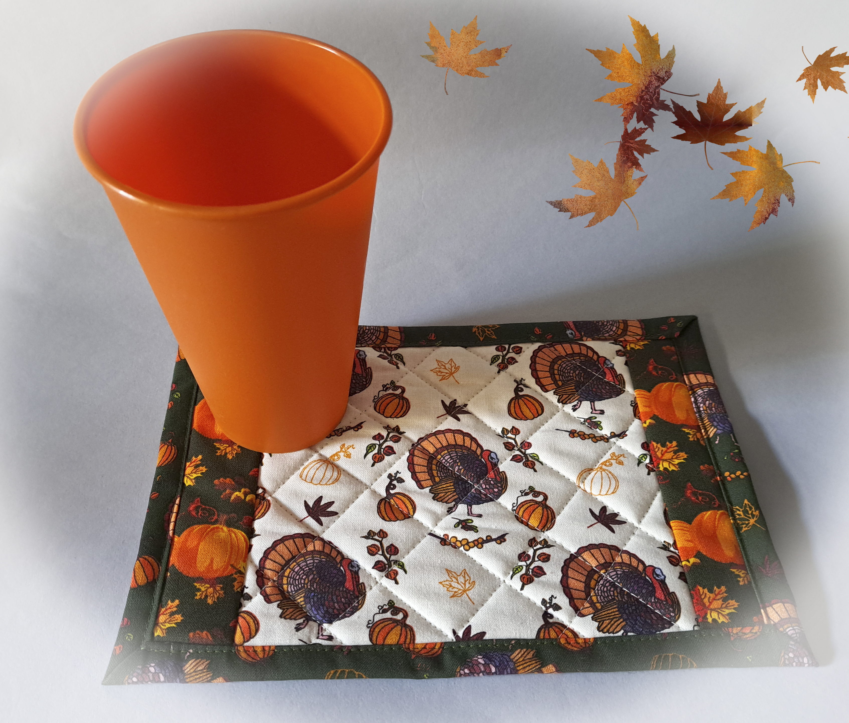 Handmade Fabric Quilted Mug Rugs - Festive Turkey and Pumpkins - Set of 2