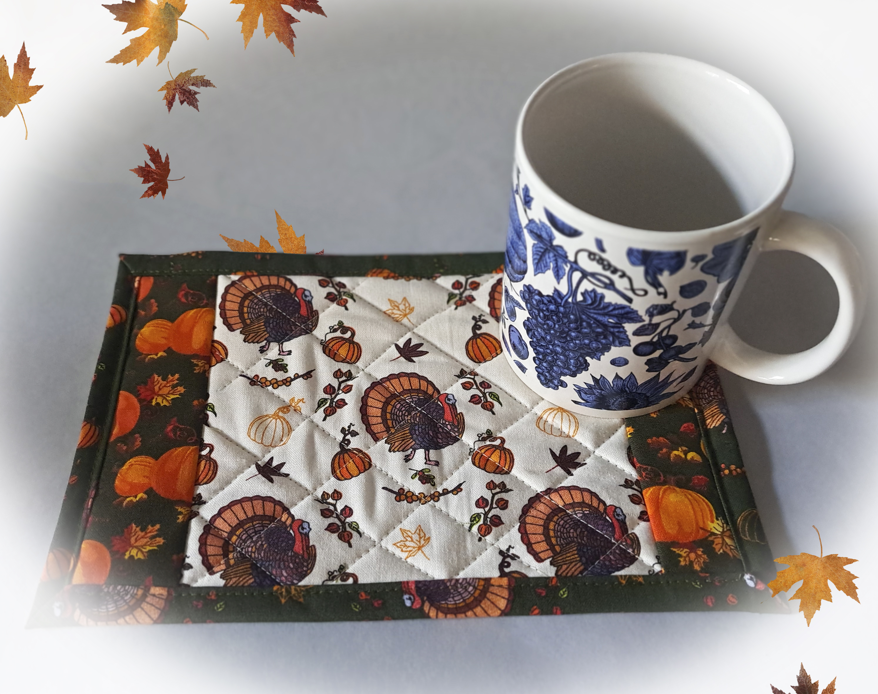 Handmade Fabric Quilted Mug Rugs - Festive Turkey and Pumpkins - Set of 2
