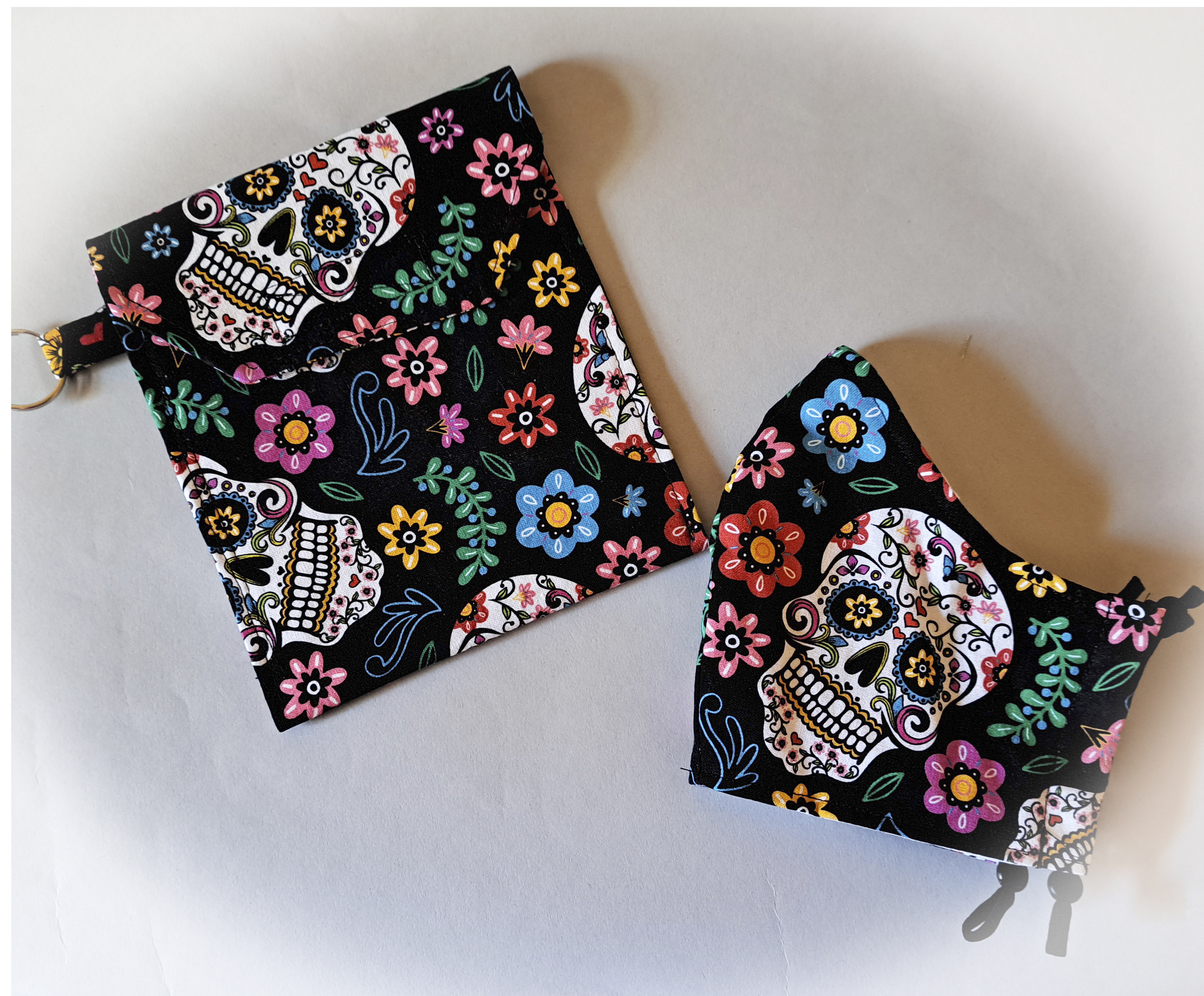 Black Sugar Skull Patterned Face Mask and Mask Travel Pouch - Purchase Separately or as a Set