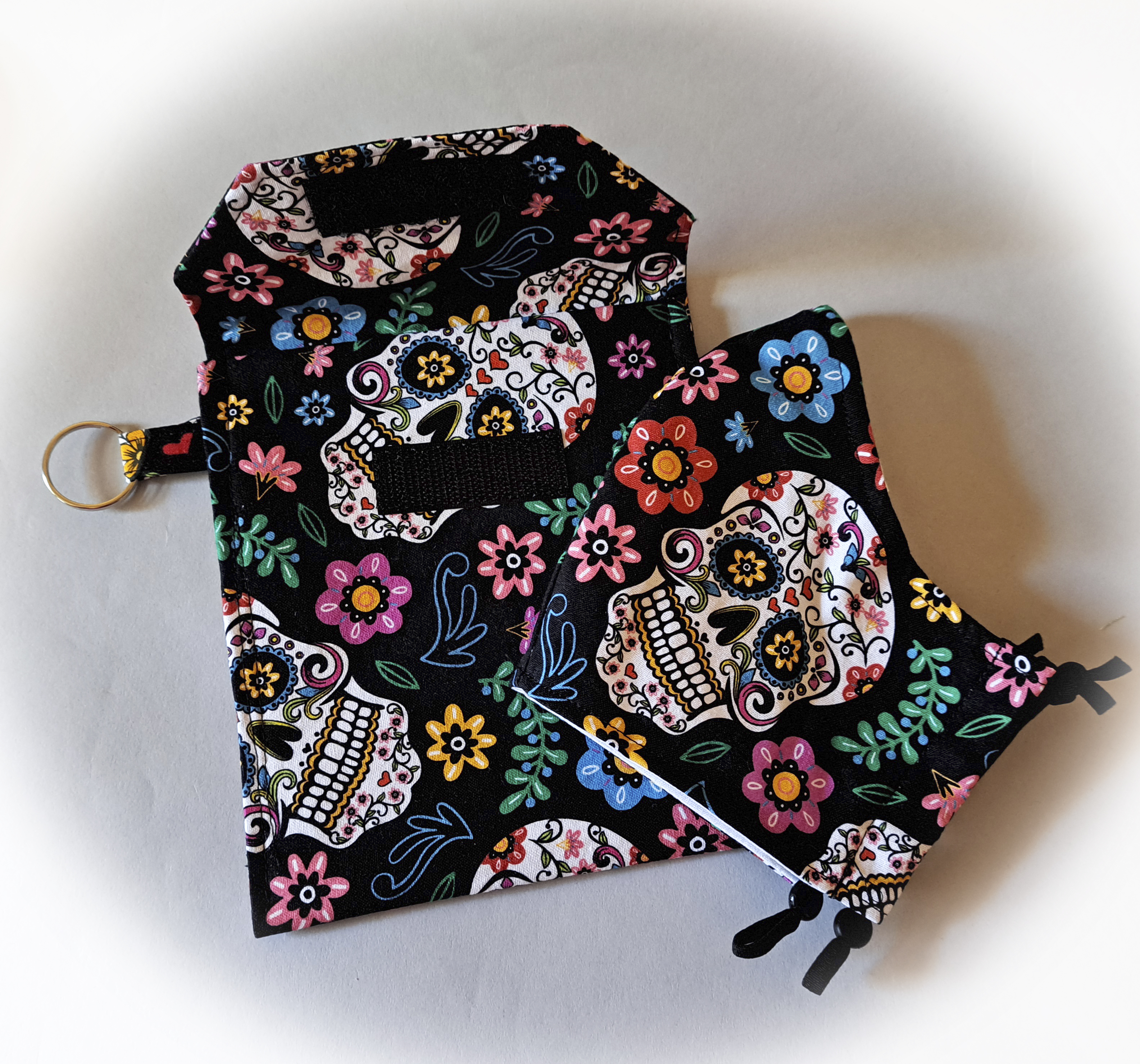 Black Sugar Skull Patterned Face Mask and Mask Travel Pouch - Purchase Separately or as a Set