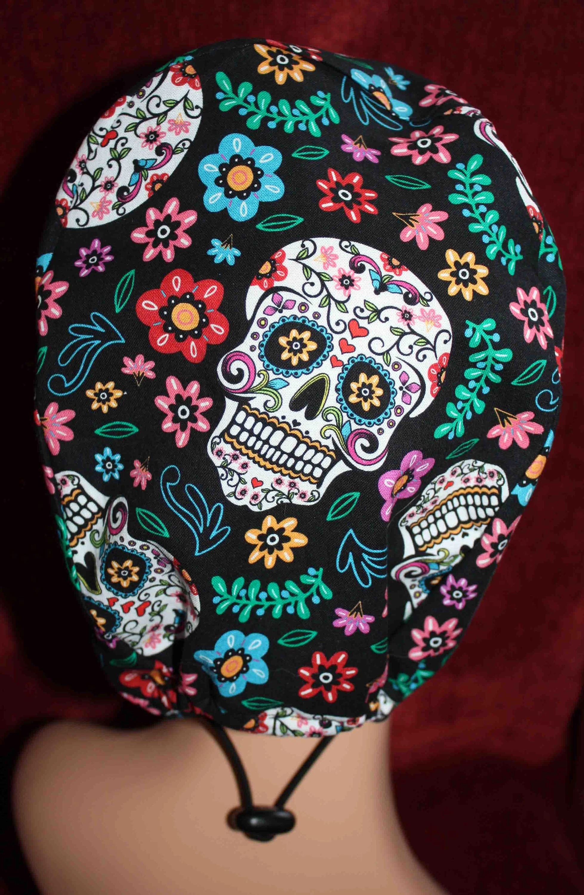 Handmade Black and Floral Sugar Skull Surgical/Scrub Cap