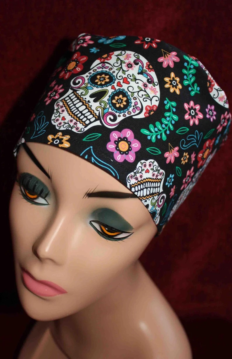 Handmade Black and Floral Sugar Skull Surgical/Scrub Cap