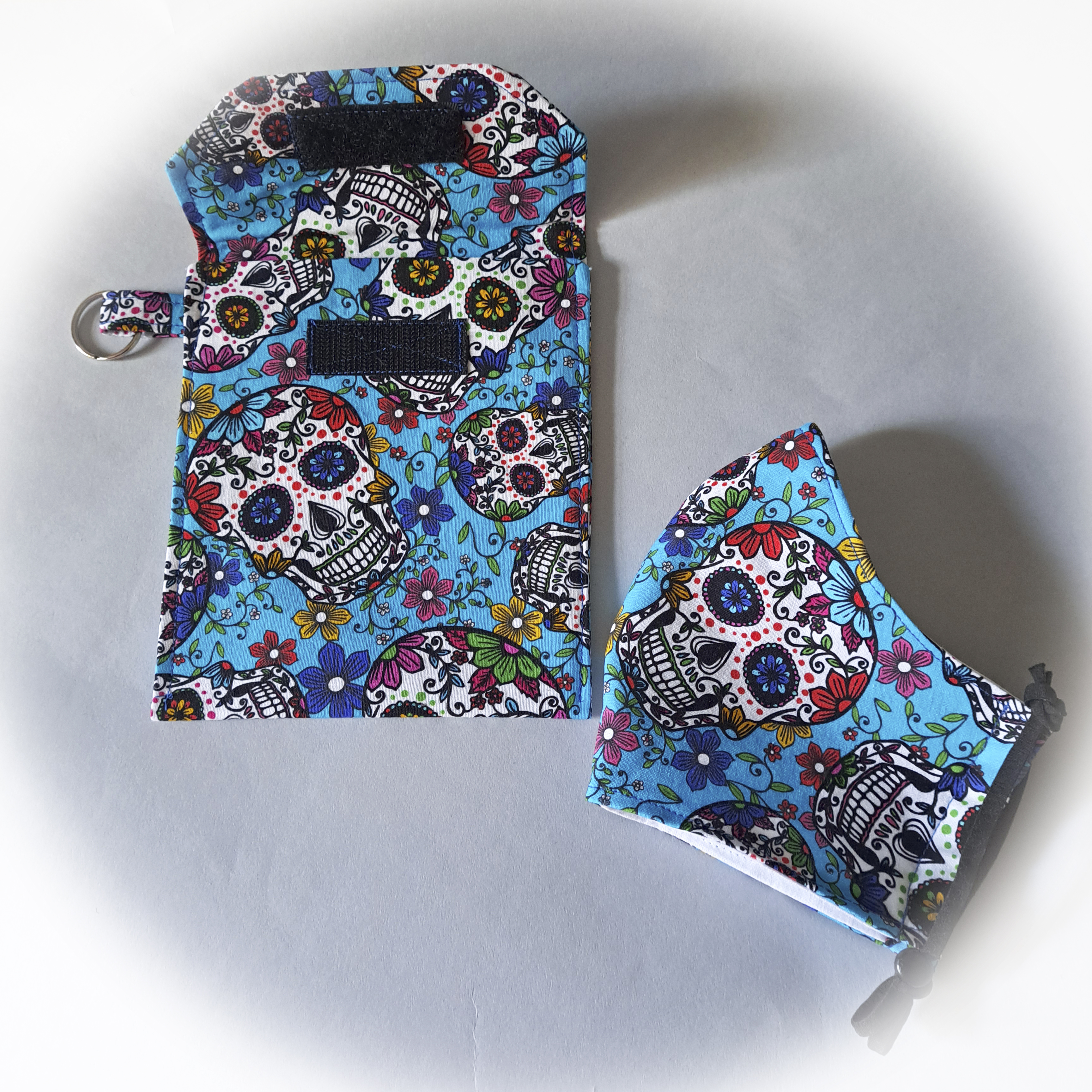 Turquoise Sugar Skull Patterned Face Mask and Mask Travel Pouch - Purchase Separately or as a Set