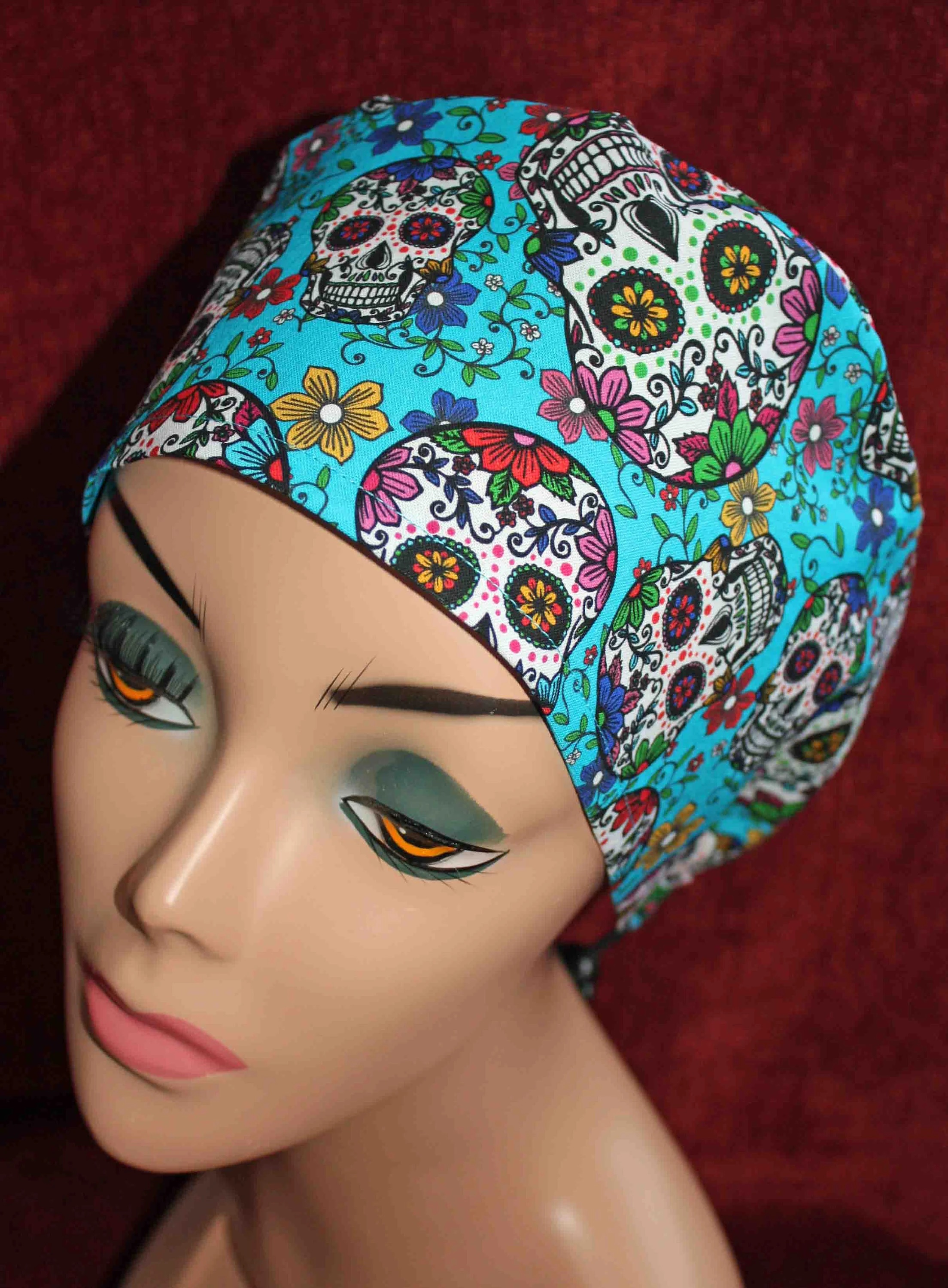 Handmade Turquoise and Floral Sugar Skull Surgical/Scrub Cap