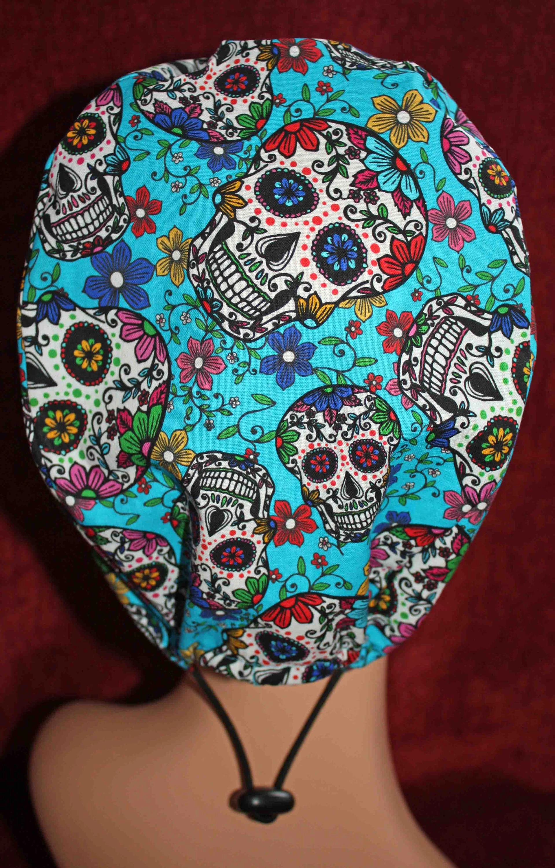 Handmade Turquoise and Floral Sugar Skull Surgical/Scrub Cap