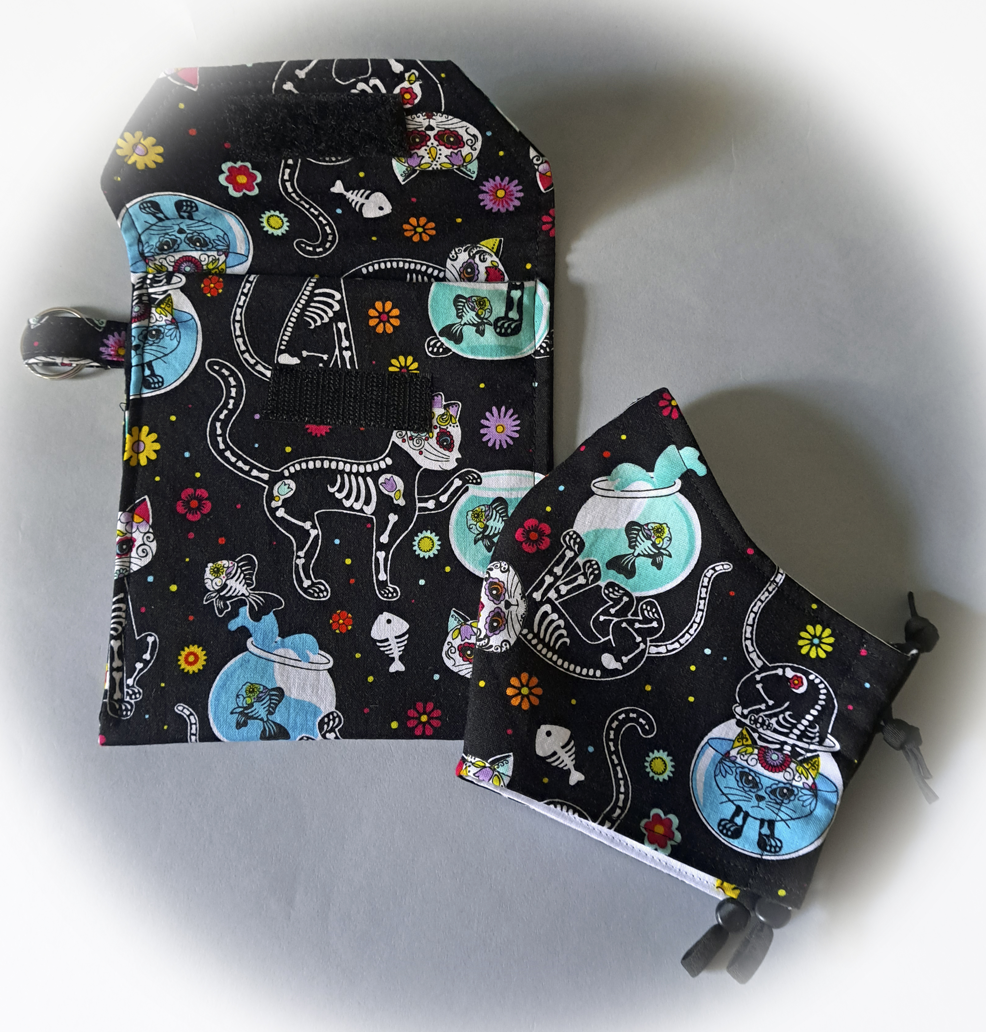 Black Skeleton Cats Patterned Face Mask and Mask Travel Pouch - Purchase Separately or as a Set