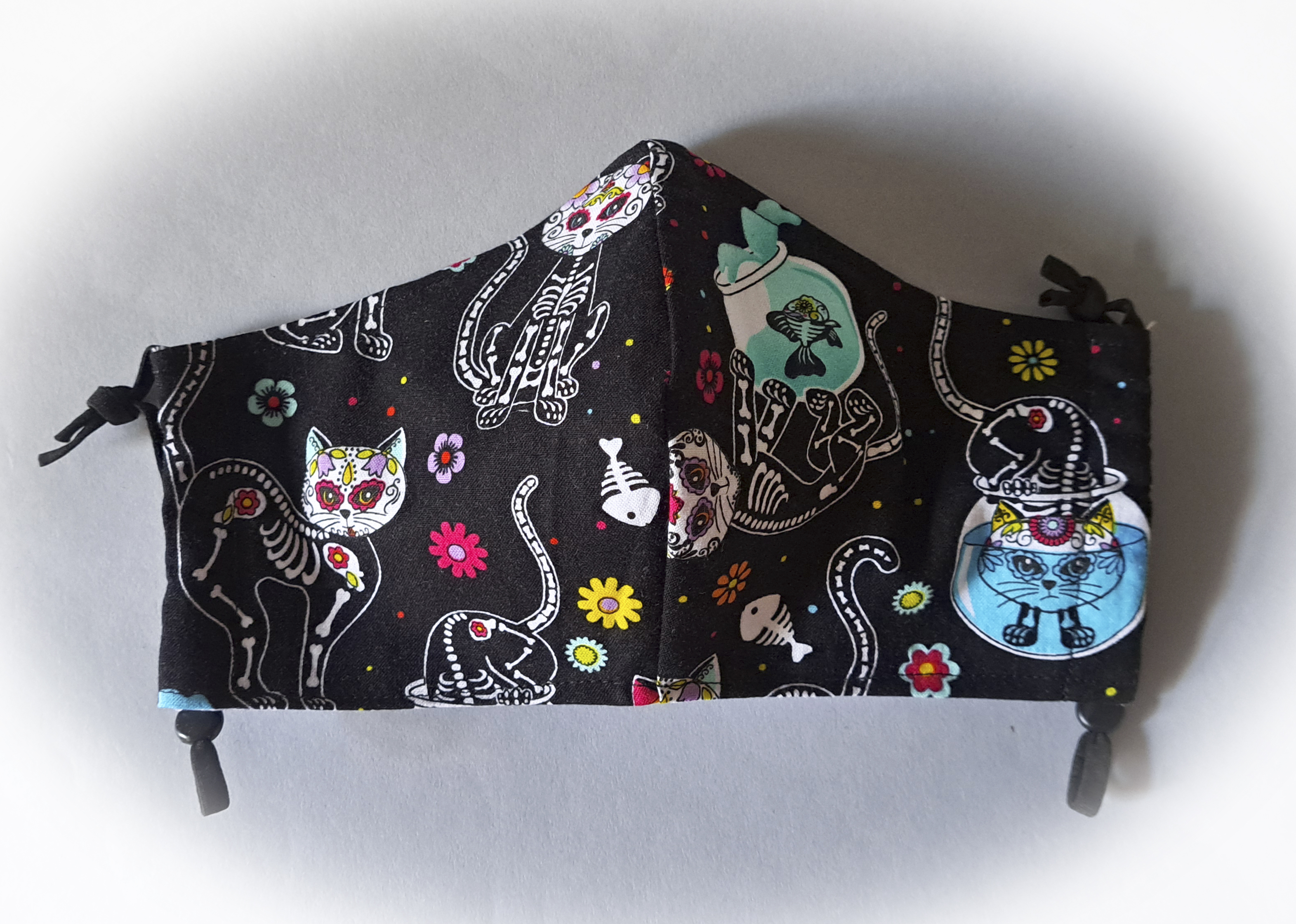 Black Skeleton Cats Patterned Face Mask and Mask Travel Pouch - Purchase Separately or as a Set