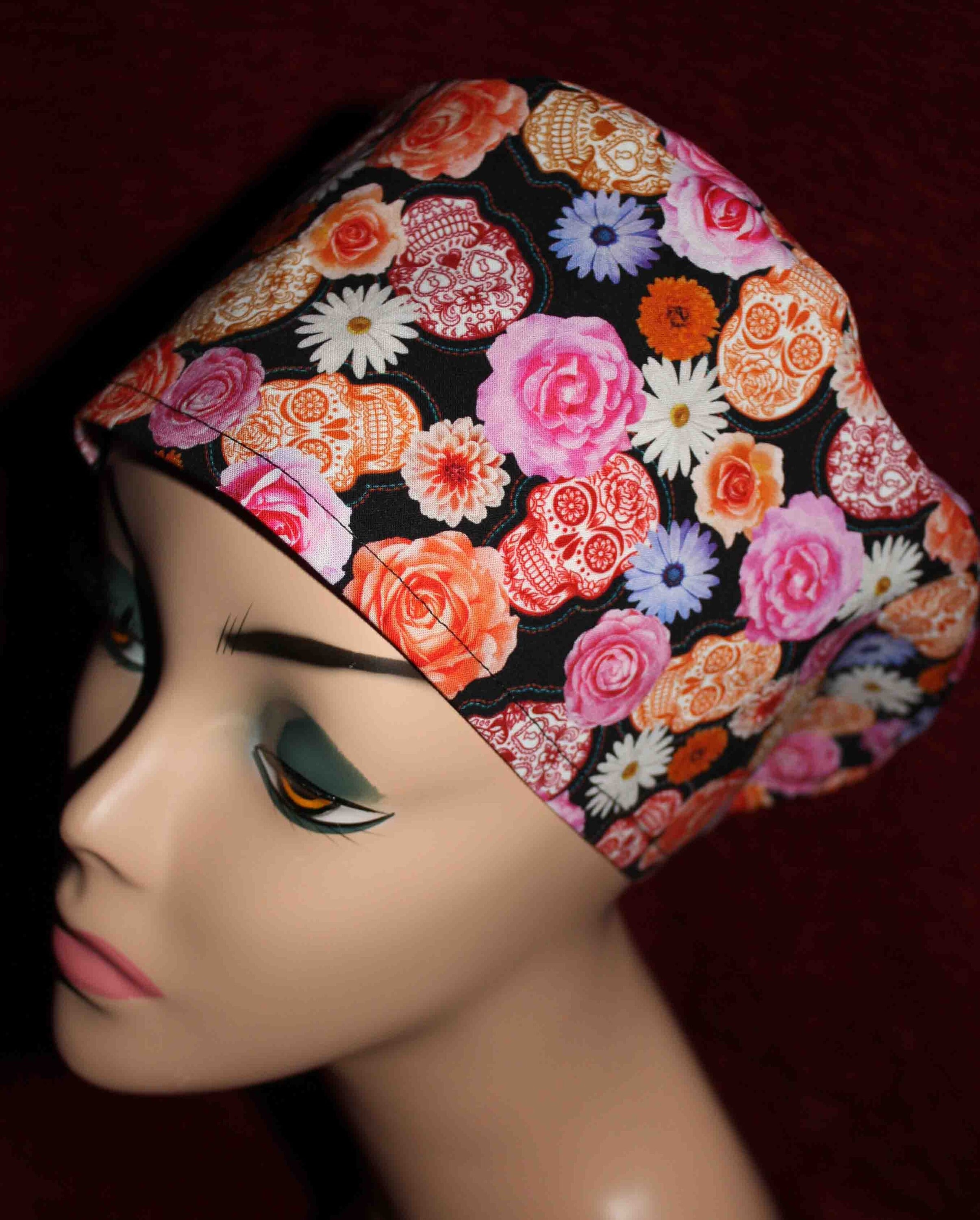 Handmade Black Flowers and Small Skulls Scrub Cap