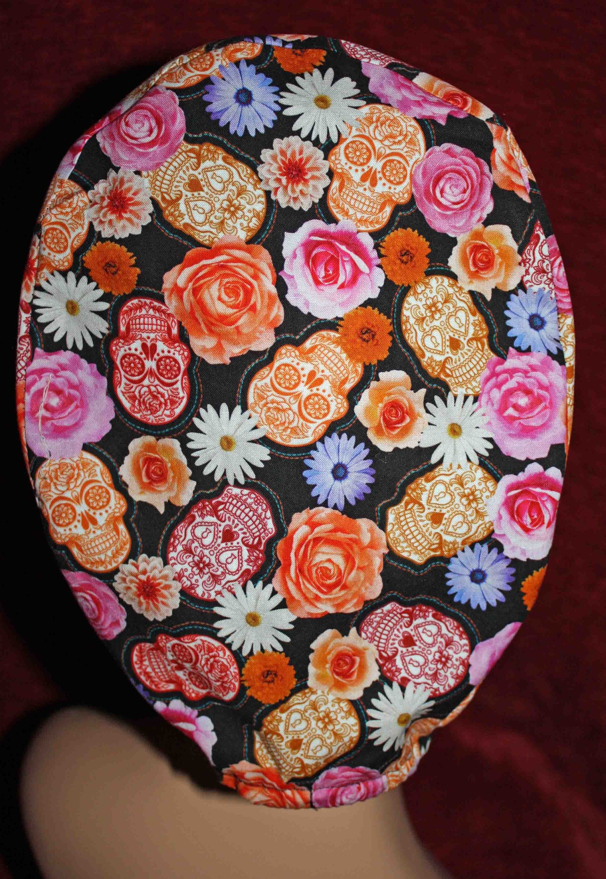 Handmade Black Flowers and Small Skulls Scrub Cap