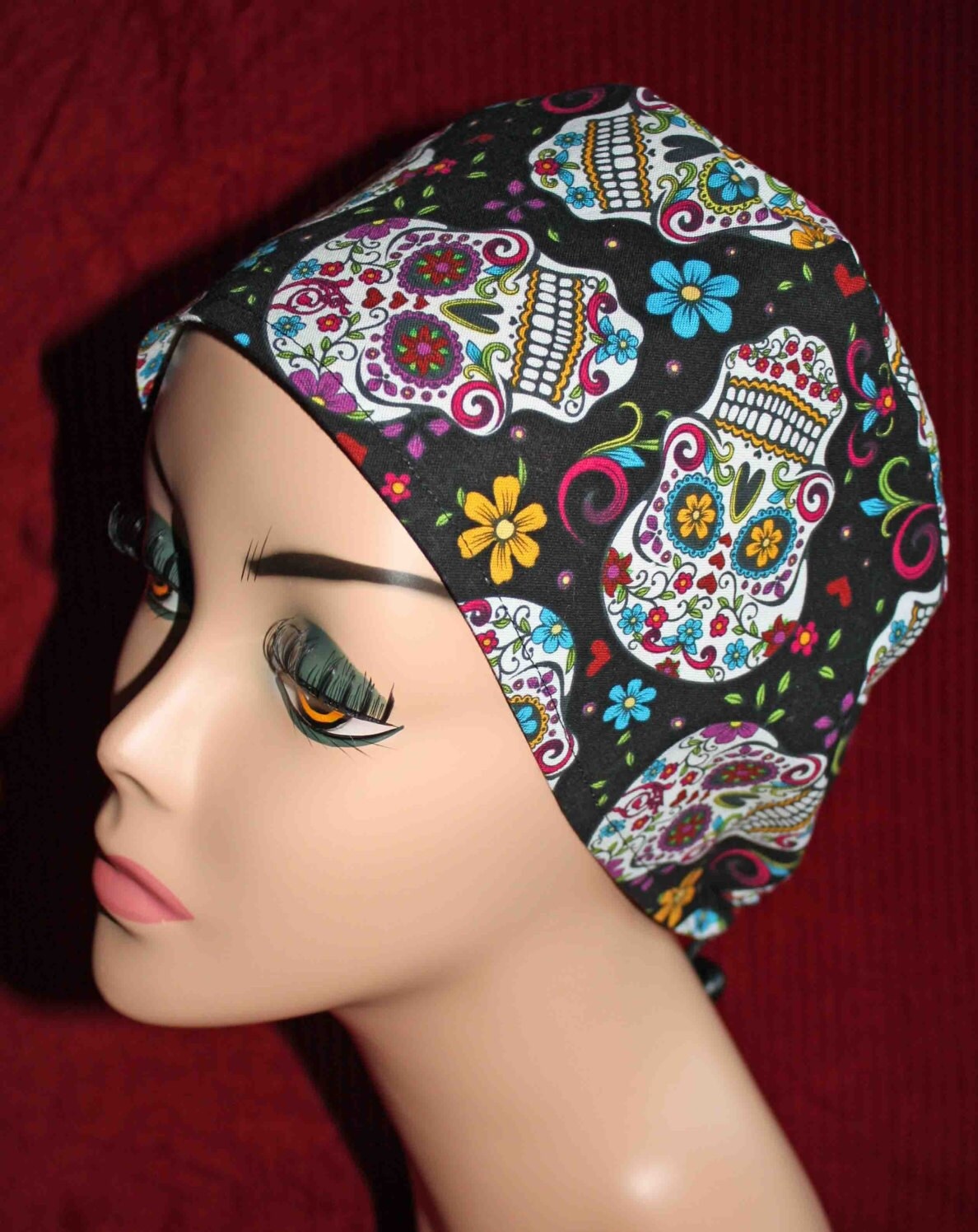 Handmade Black Sugar Skulls and Flowers Scrub Cap