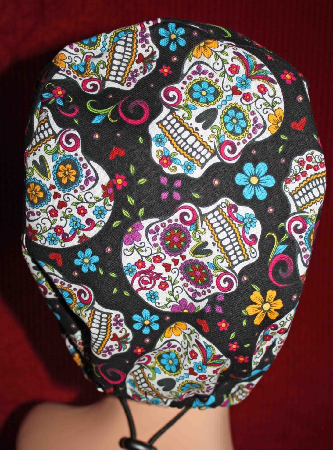 Handmade Black Sugar Skulls and Flowers Scrub Cap