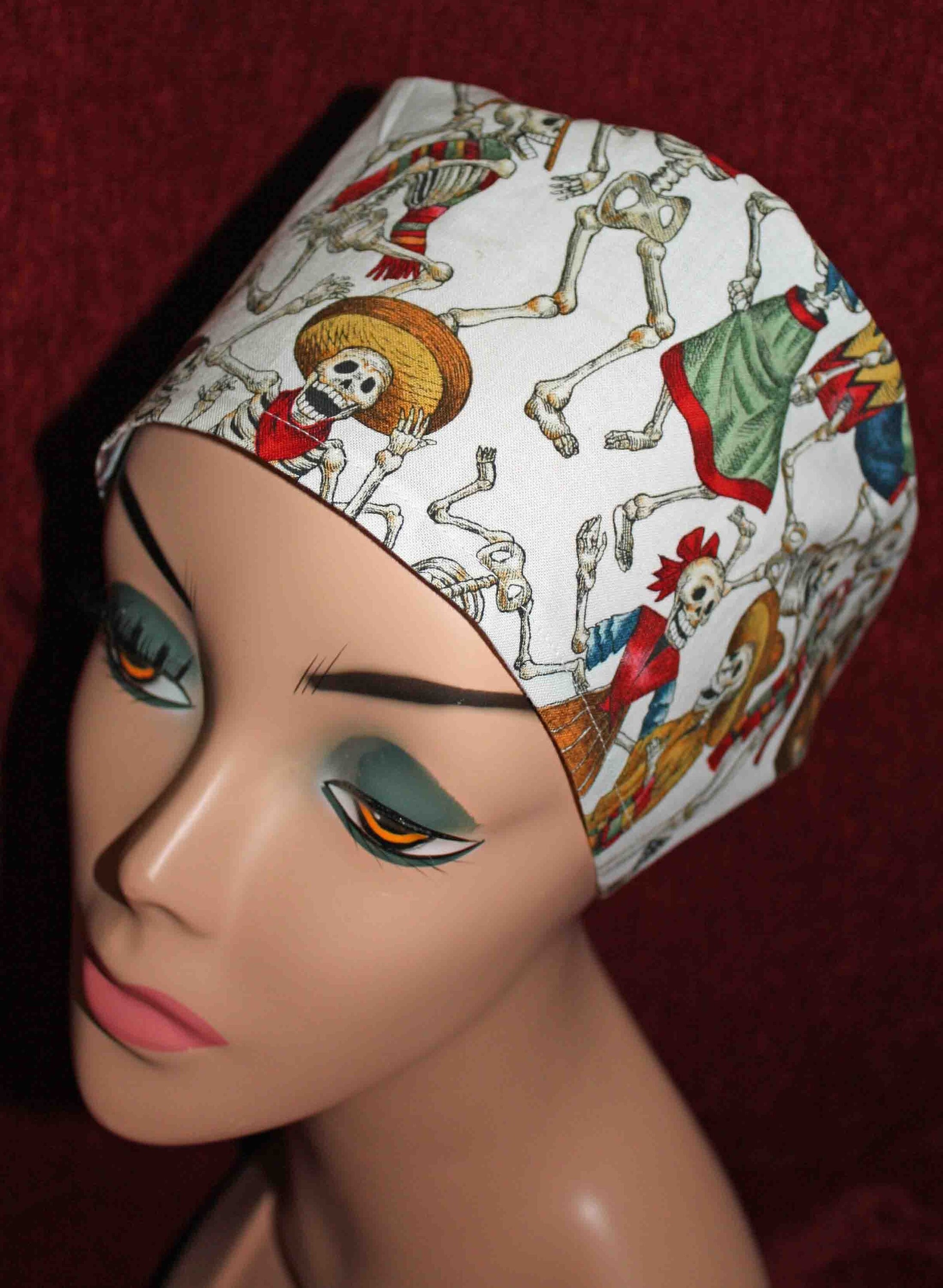 Handmade Skeleton Party in Cream Fabric Scrub Cap